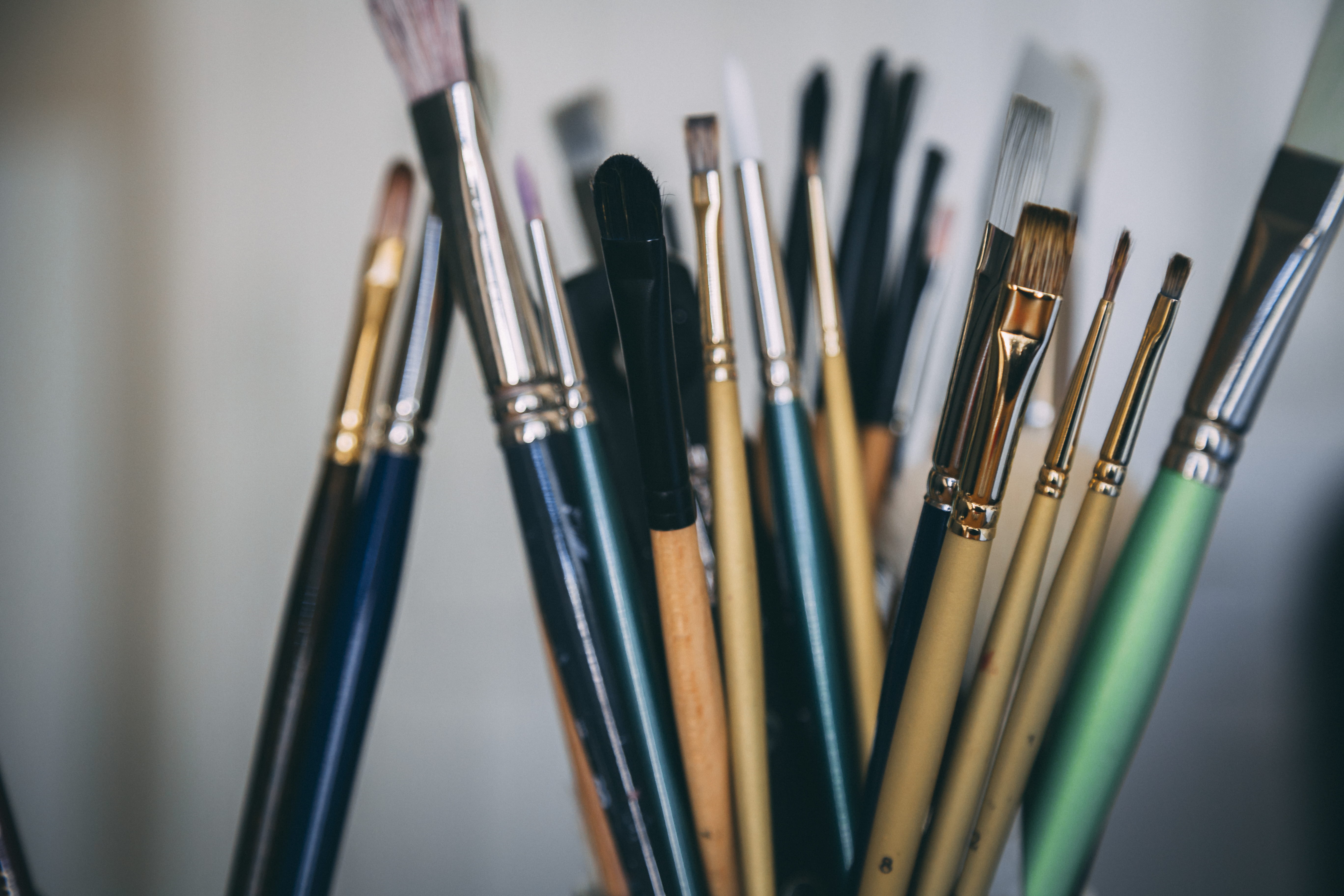 painting, selective focus, paintbrush, indoors, high angle view, focus on foreground, multi colored, creativity, 5K, art, still life, focus, choice, metal, HD Wallpaper