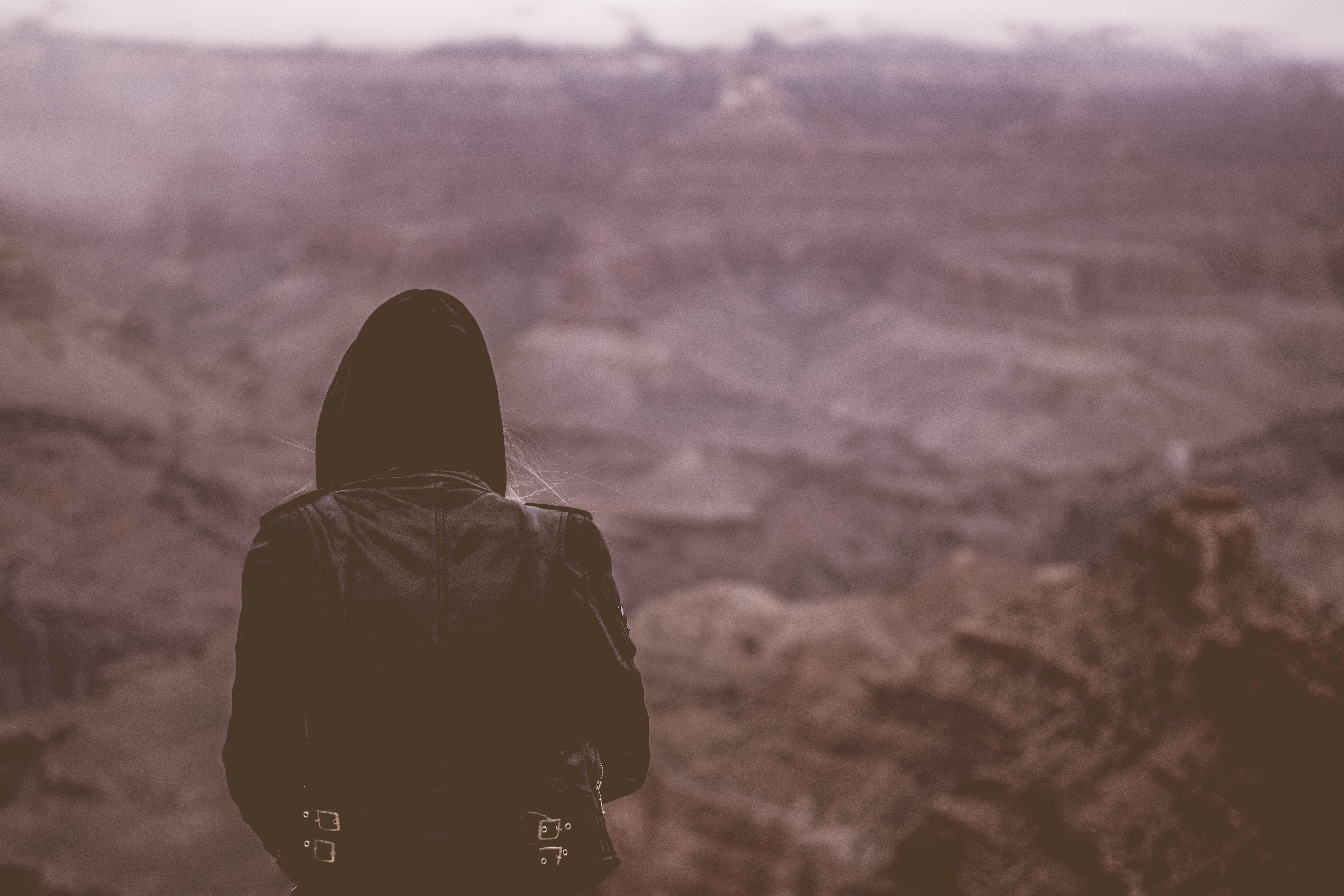 lifestyles, cliff, wearing, clothing, on top, day, rear View, leisure activity, outdoors, person, black, selective, selective focus, hoodie, environment, HD Wallpaper