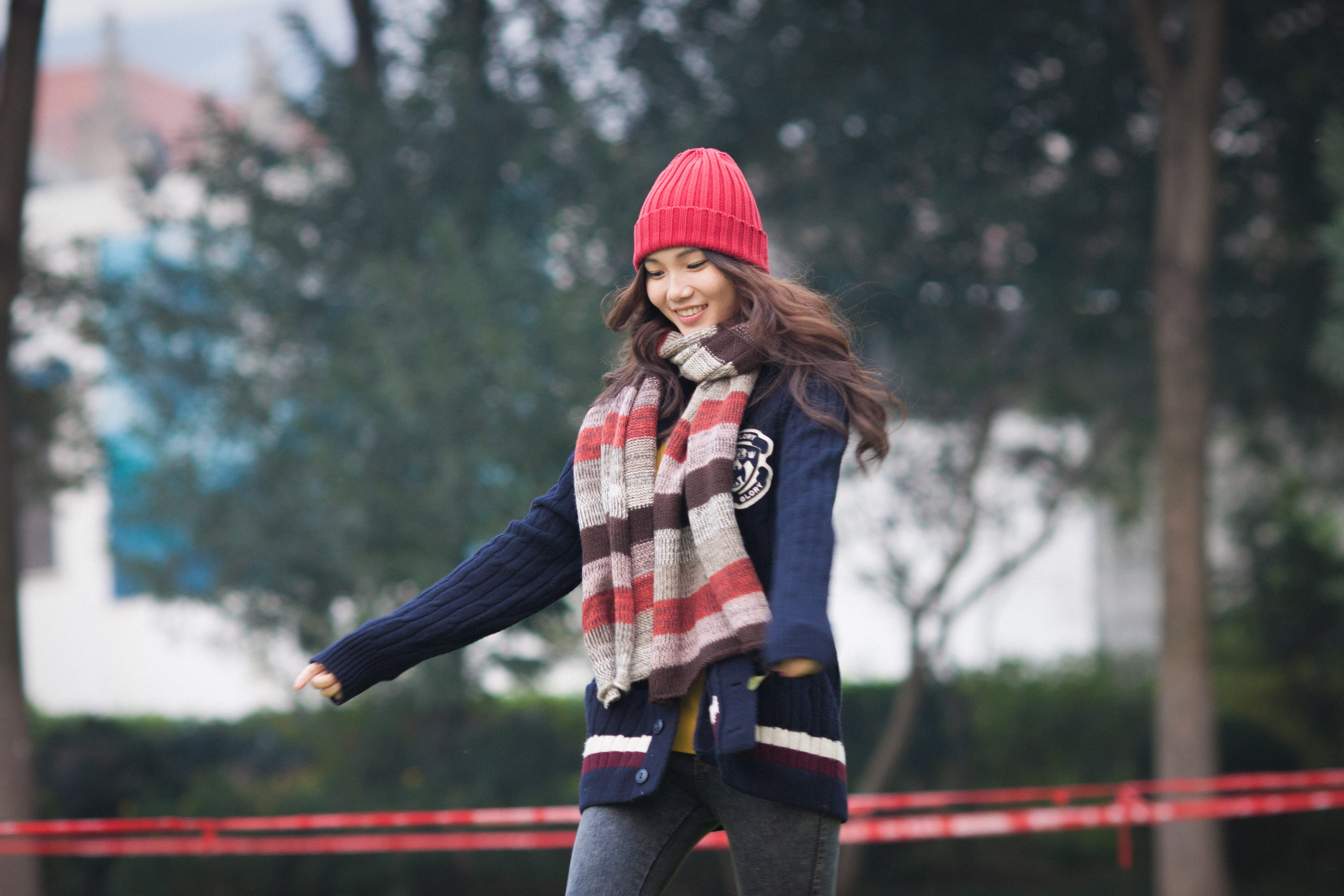 photography, hair, winter, cheerful, adults only, woman in red, scarf, only women, 4K, portrait, knit hat, outdoors, clothing, smiling, standing, selective focus, HD Wallpaper