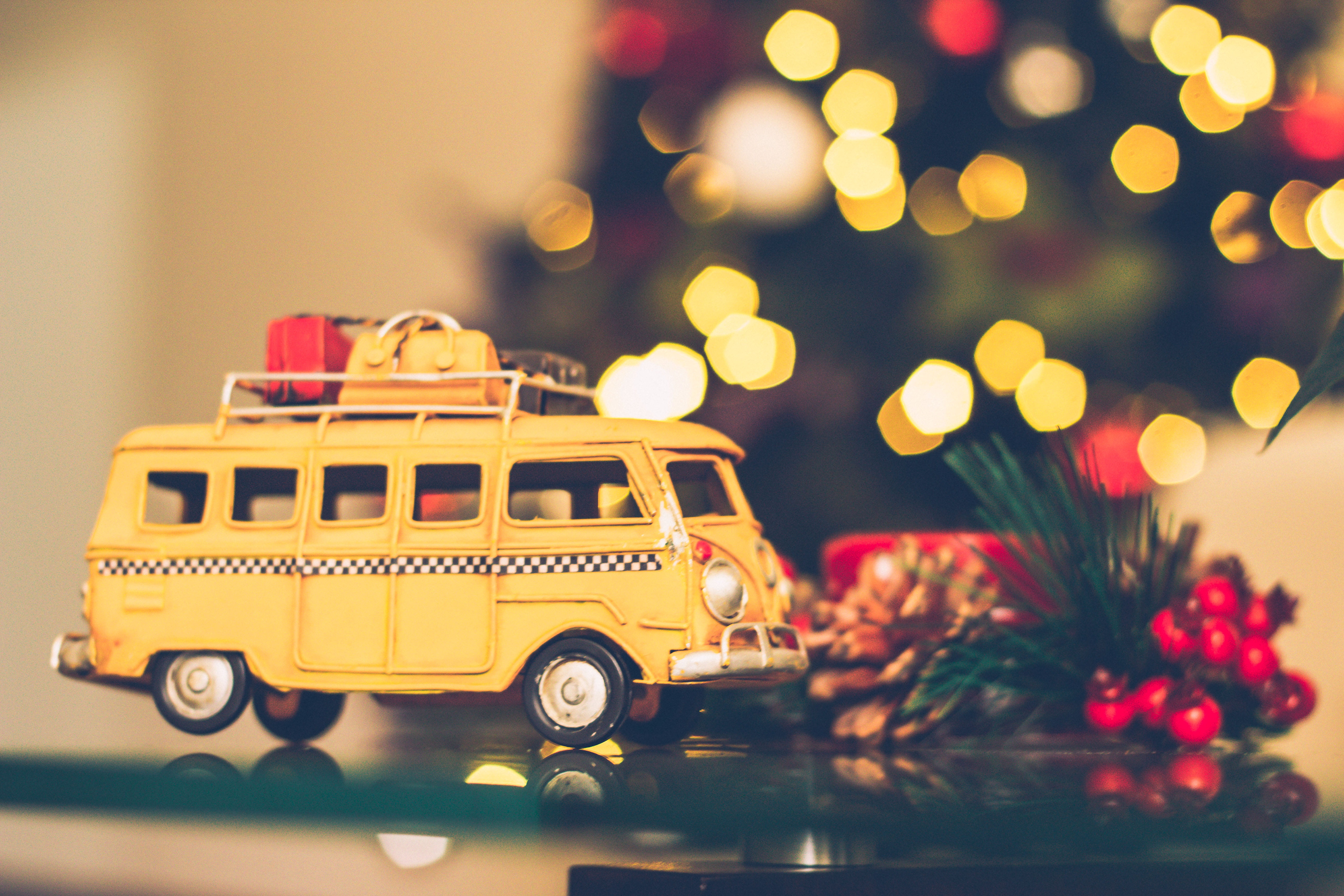 pine cones, toy car, scale, photography, small, car, children toys, decoration, model, tree, christmas decor, no people, illuminated, yellow, christmas, HD Wallpaper