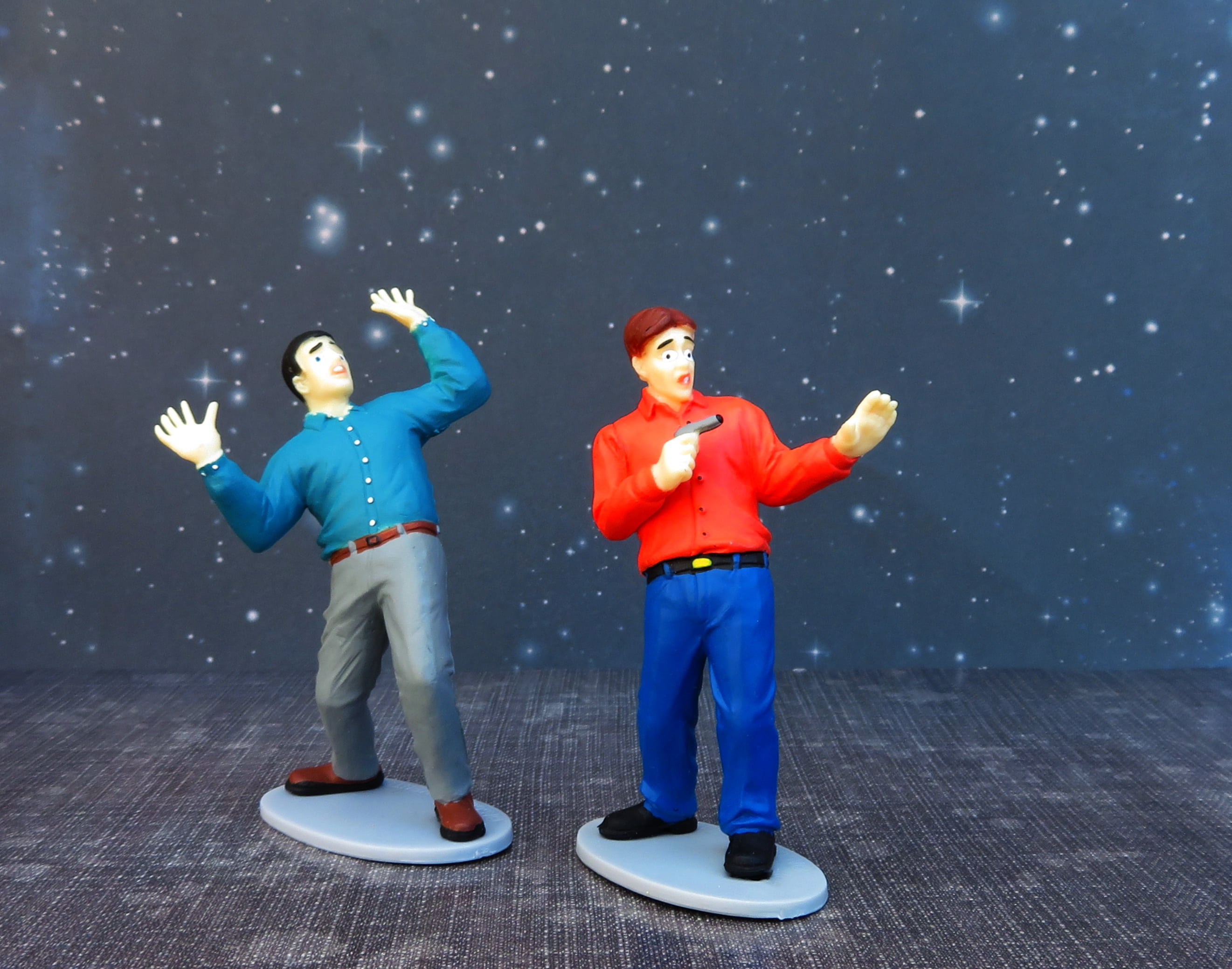 standing, toys, fear, action figure, gun, togetherness, horrified, men, scared, night, fright, danger, escape, couple - relationship, self defence, young men, HD Wallpaper