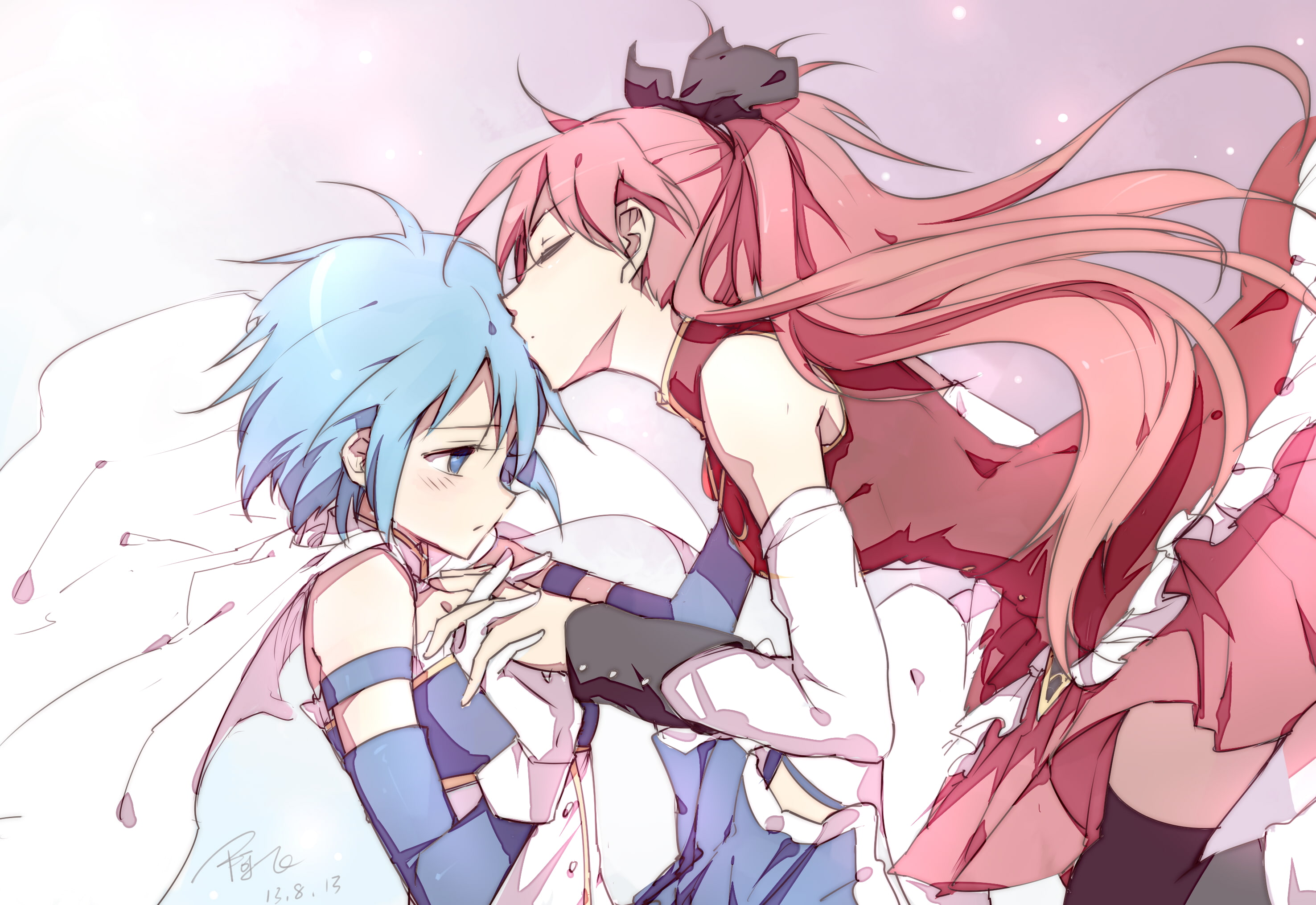 madoka, kyouko, girls, miki, sayaka, shoujo, kiss, 2K, linjie, magica, mahou, yuri, sakura, HD Wallpaper