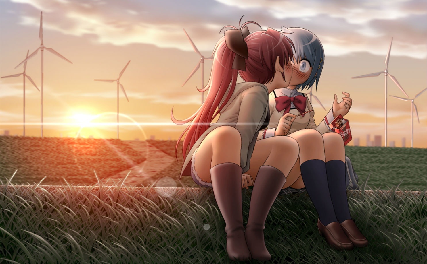 shoujo, mahou, yuri, magica, girls, kiss, sakura, blush, madoka, 720P, kyouko, miki, sayaka, pocky, grass, tatsuya, sunset, shingyouji, HD Wallpaper