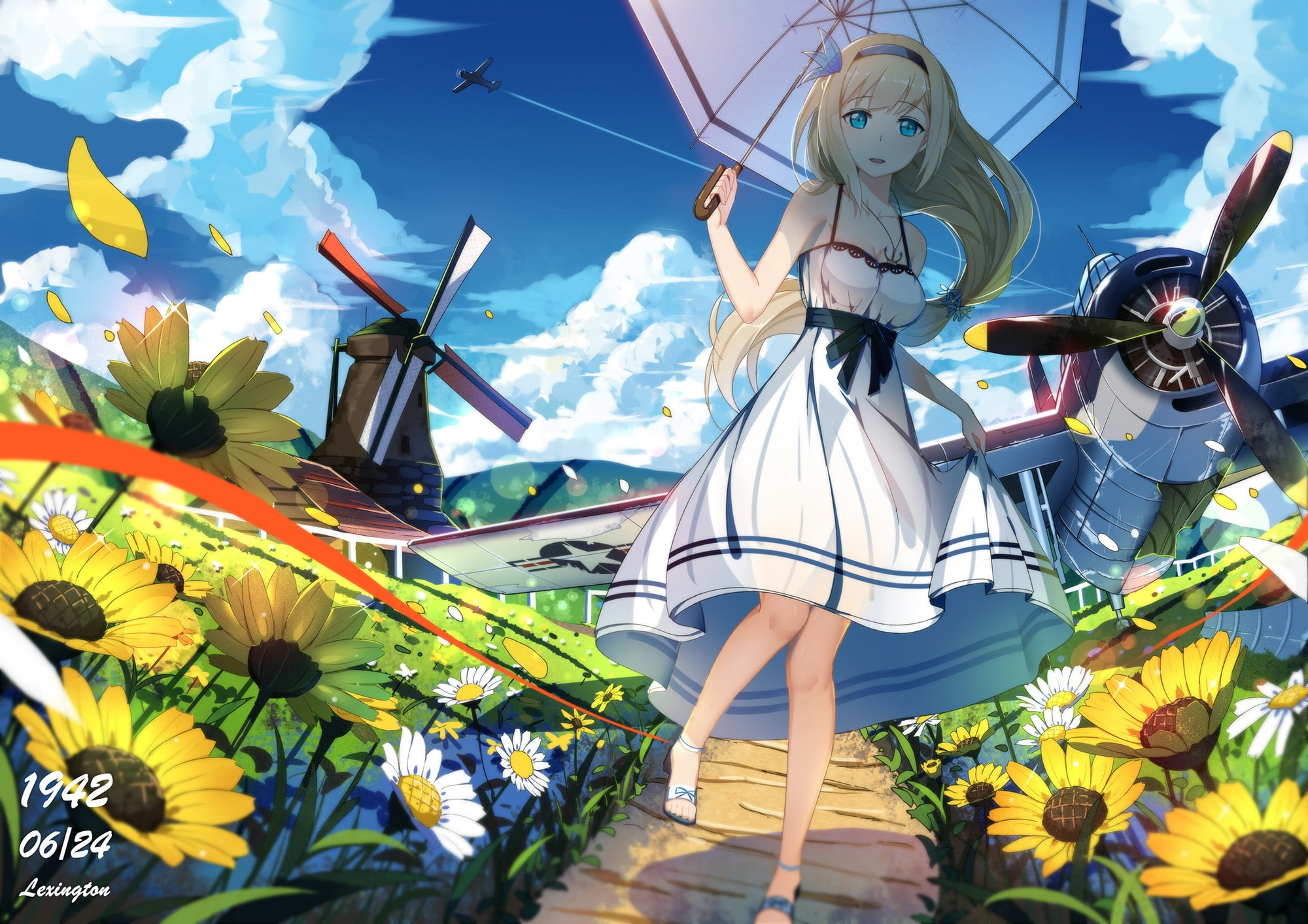 clouds, sunflowers, original characters, windmill, 1080P, umbrella, aircraft, dress, HD Wallpaper