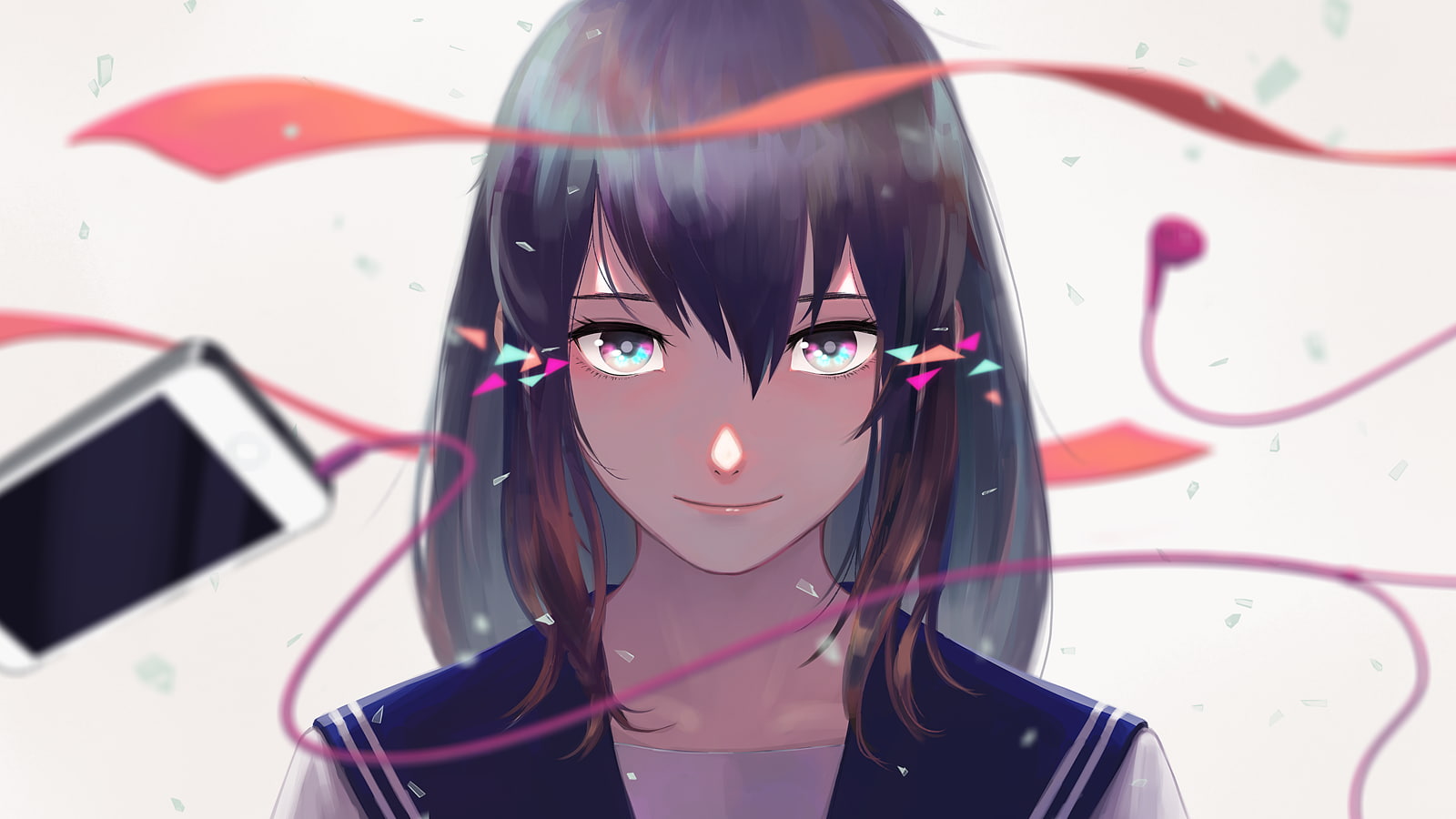 school uniform, headphones, original characters, black eyes, ribbon, 720P, phone, HD Wallpaper