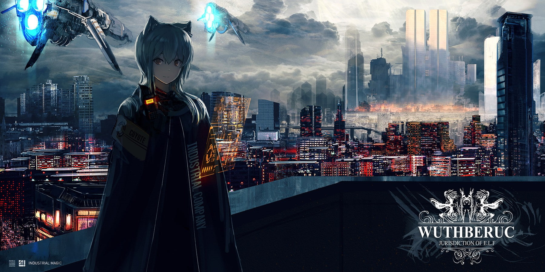 long hair, animal ears, anime girls, gray hair, anime, spaceship, brown eyes, city, 720P, HD Wallpaper