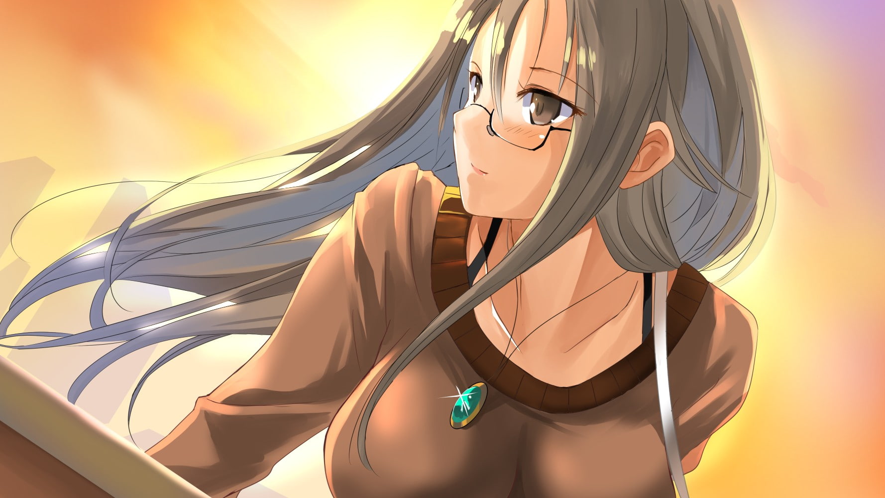 sweater, anime girls, gray hair, 720P, sunset, anime, long hair, brown eyes, glasses, HD Wallpaper