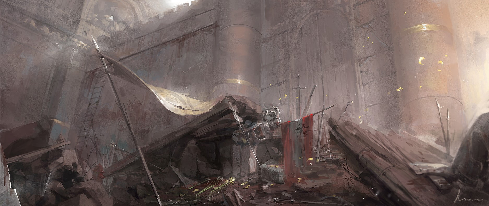 city, sword, Pixiv Fantasia, armor, nature, weapon, landscape, environment, fog, damaged, ruined, death, construction industry, abandoned, building exterior, HD Wallpaper