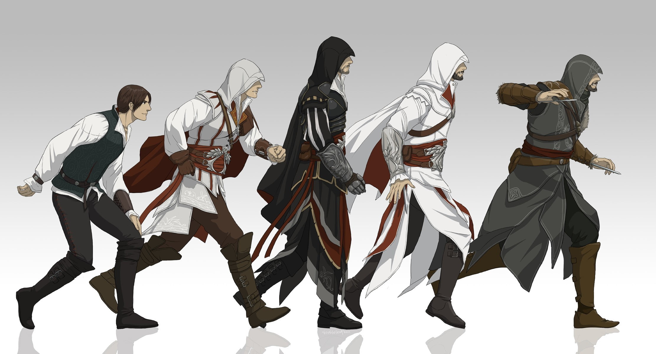 artist, studio shot, white background, people, shirt, costume, traditional clothing, weapon, young men, holding, Assassins Creed, full length, indoors, HD Wallpaper
