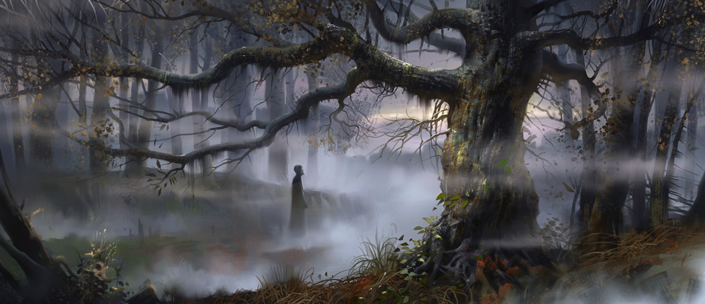coated, 1080P, jungle, white, forest, tree, standing, person, fronting, fogs, fantasy, man, artwork, HD Wallpaper