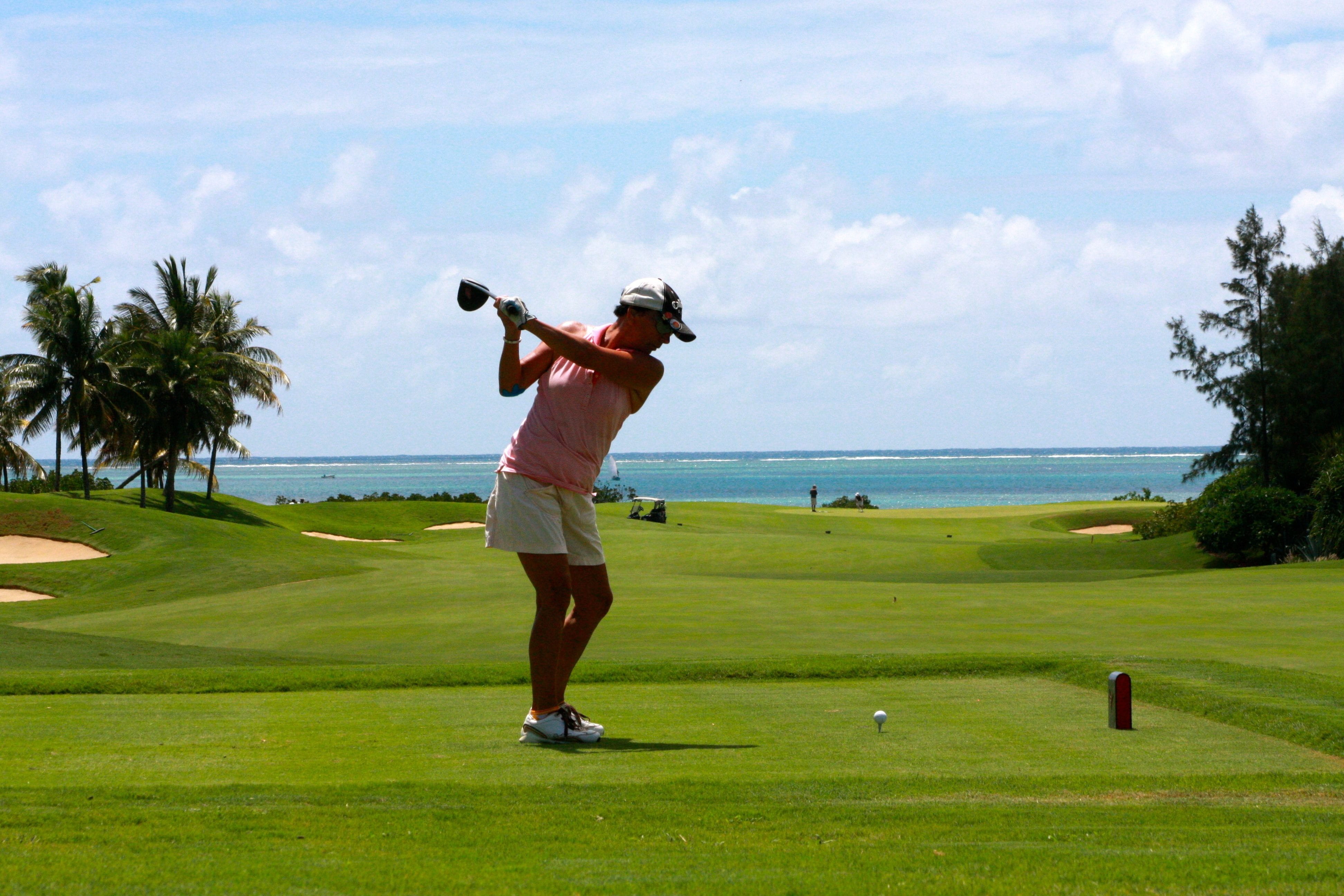 outdoors, daytime, day, tank, pink tank, white, one person, plant, sportsman, tree, sport, playing, under the blue sky, golfer, woman, top, cool, anahita, HD Wallpaper