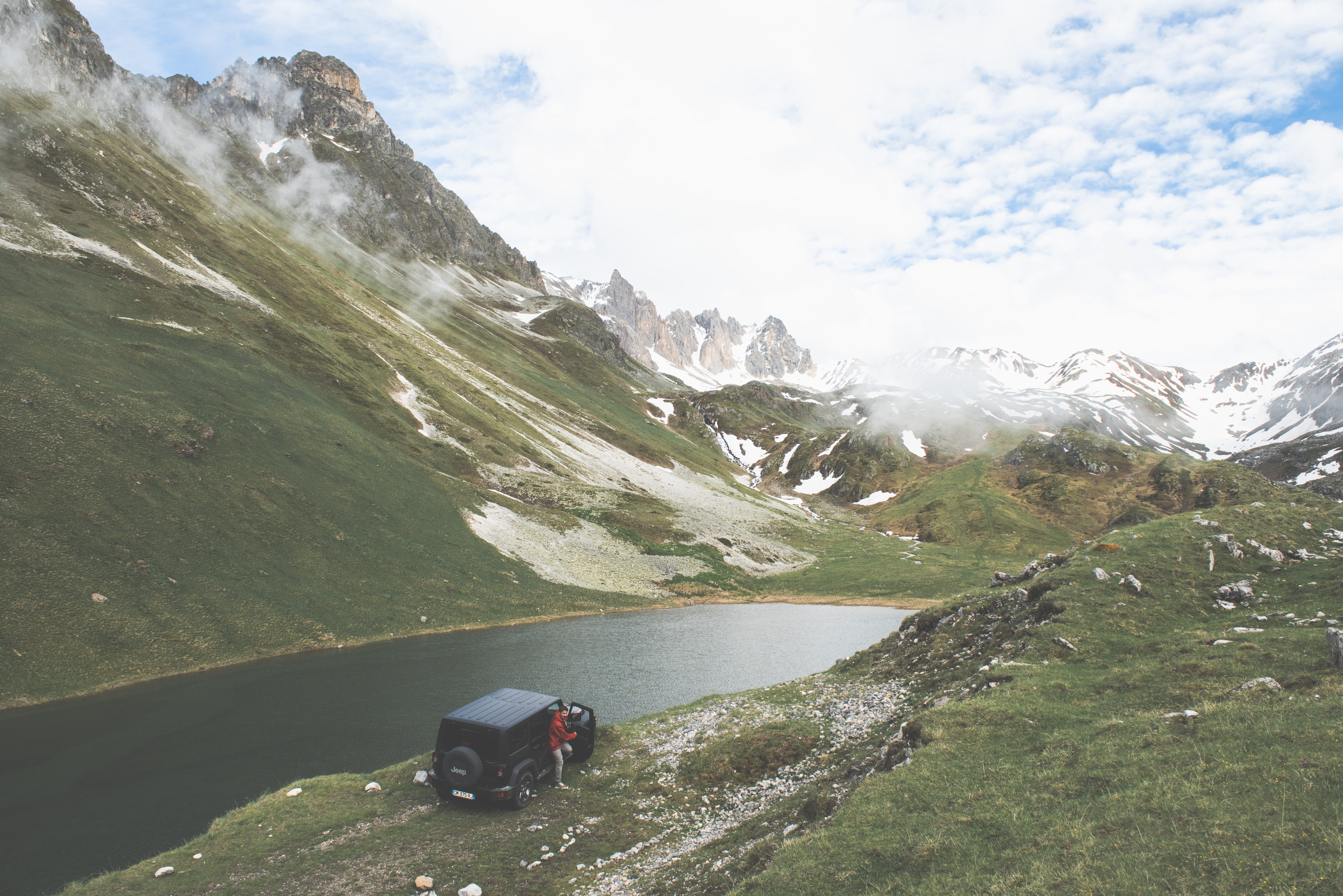 mountain range, day, nature, 5K, black, 4x4, environment, leisure activity, hiking, blue, capped, transportation, mountain ridge, sky, snow, scenery, mode of transportation, HD Wallpaper