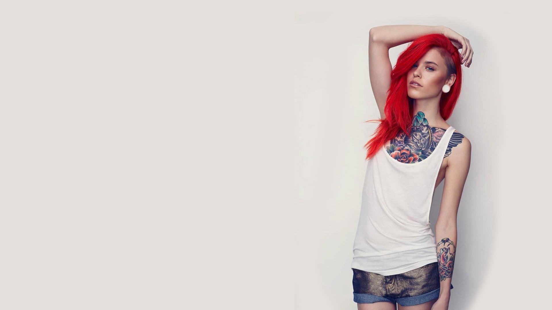 three quarter length, dyed red hair, contemplation, young women, hairstyle, tank, one person, white, indoors, standing, adult, portrait, red, copy space, HD Wallpaper