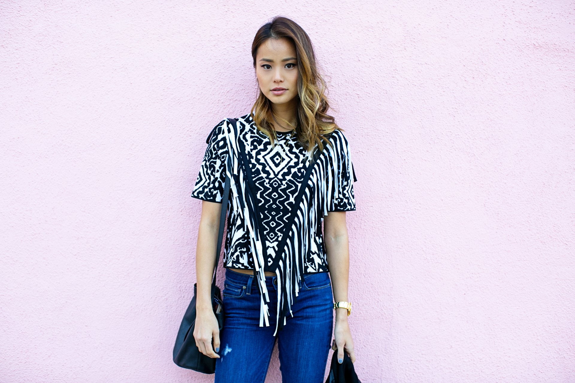 hair, Jamie Chung, Actress, Brown Eyes, leisure activity, beautiful woman, Actresses, jeans, young adult, 1080P, hairstyle, long hair, American, wall - building feature, HD Wallpaper