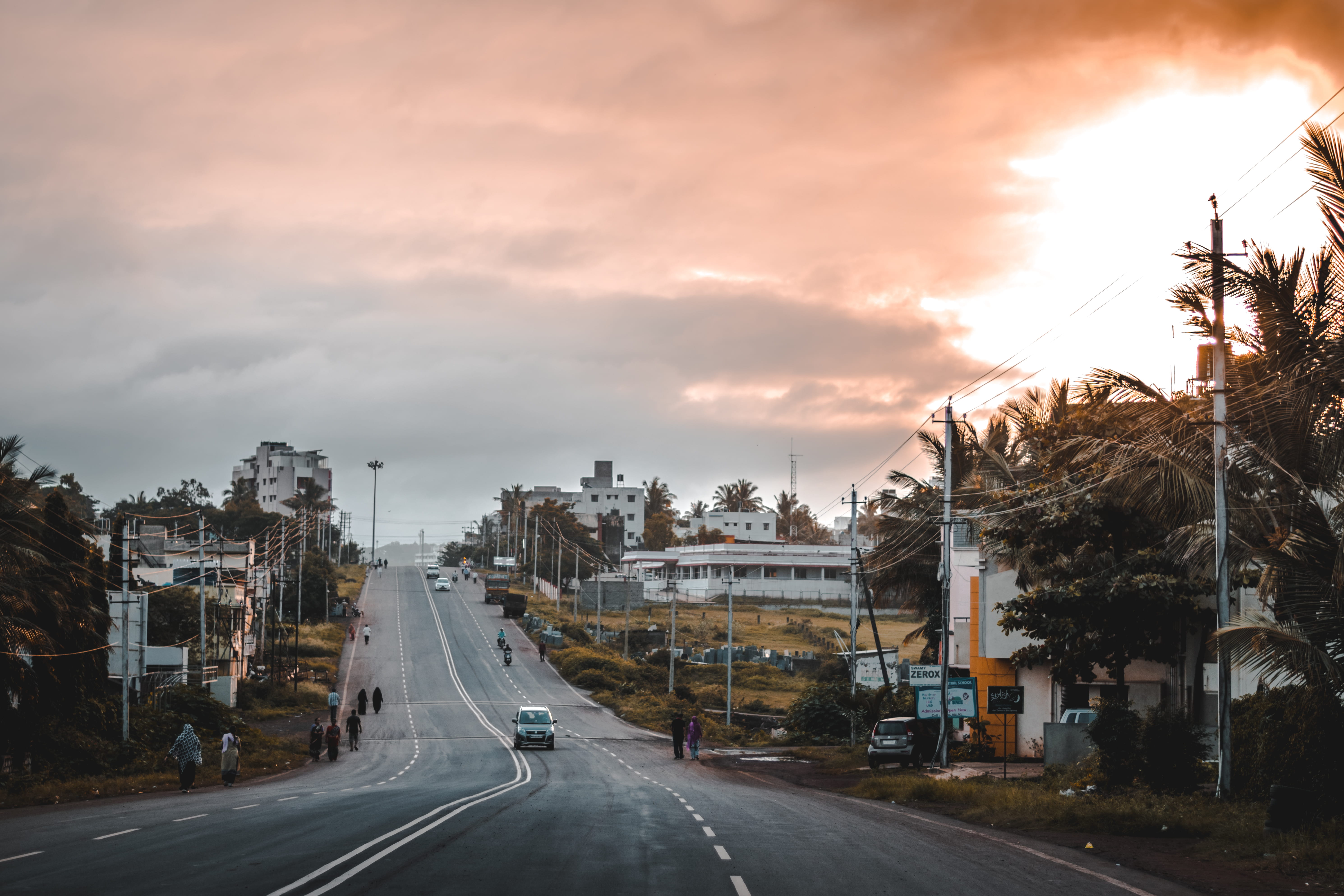 no people, people, street, trees, motor vehicle, clouds, architecture, building exterior, transportation, nature, belgaum, tree, buildings, mode of transportation, HD Wallpaper