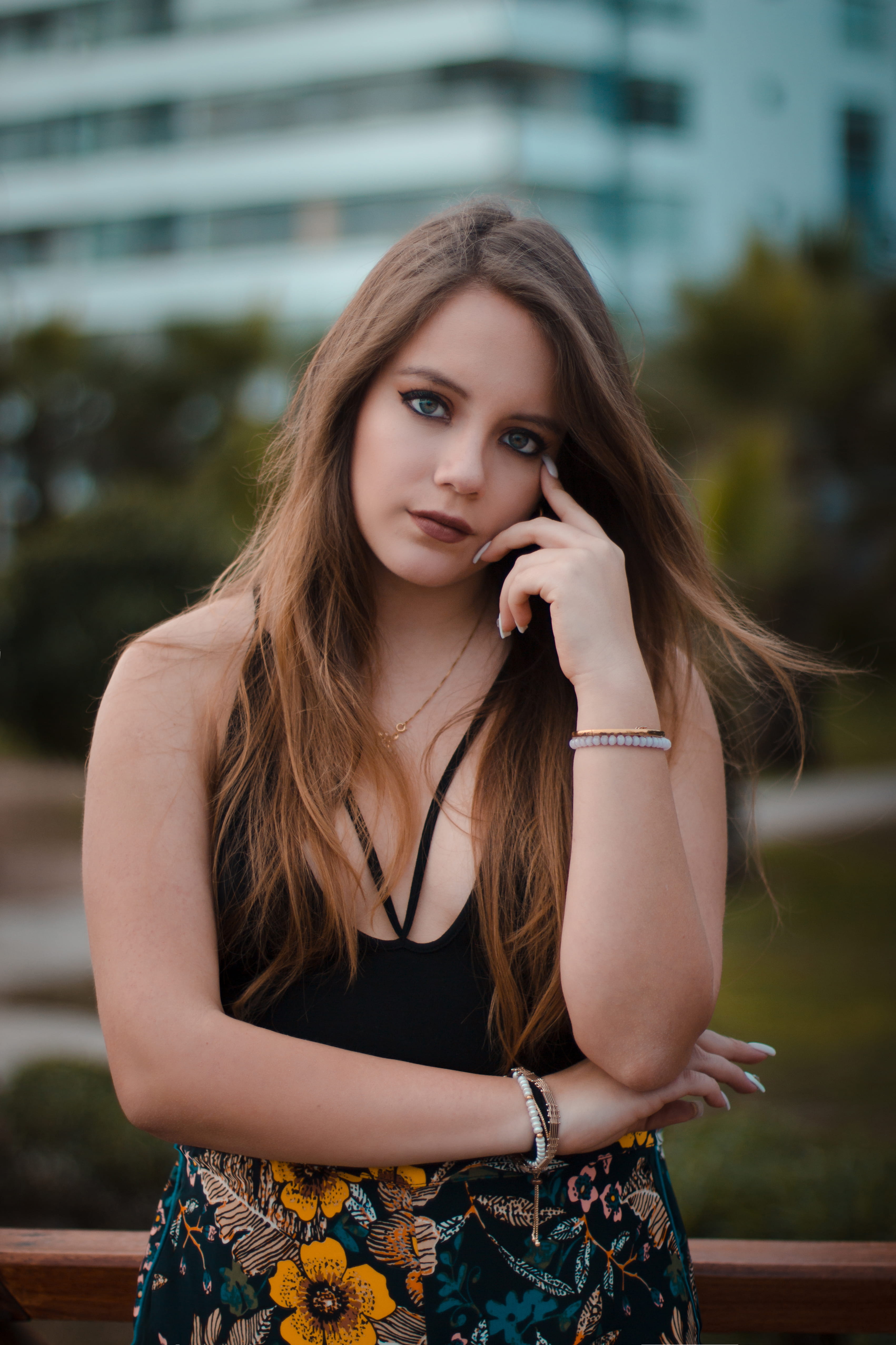 contemplation, front view, 4K, chill, orangeteal, beautiful, sleeveless, looking at camera, waist up, floral, hairstyle, brown hair, portrait, beautiful woman, Phone HD Wallpaper