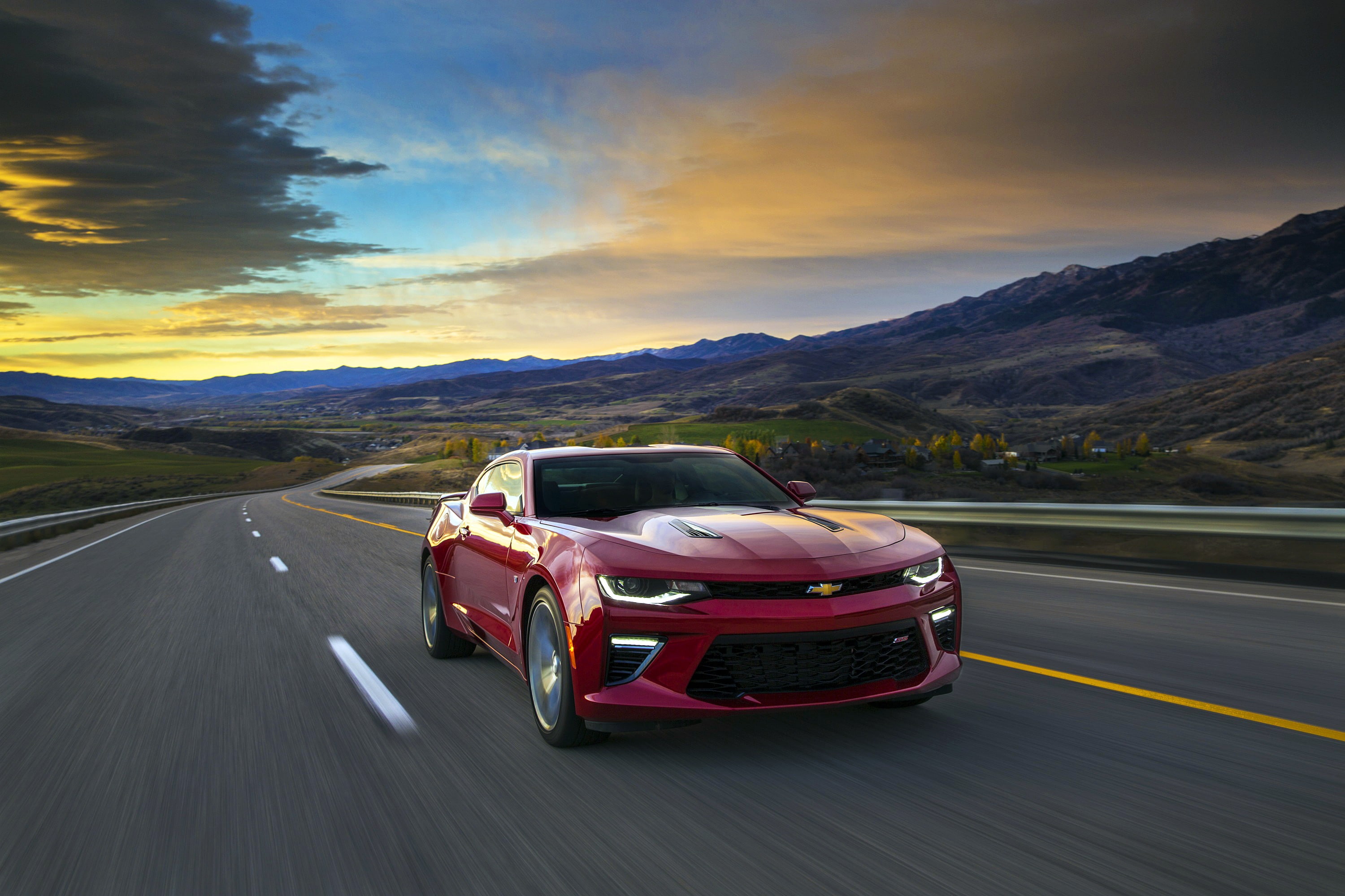 Camaro, coupe, 2K, red, sunrise, speed, sunset, Chevy, chevrolet, HD Wallpaper