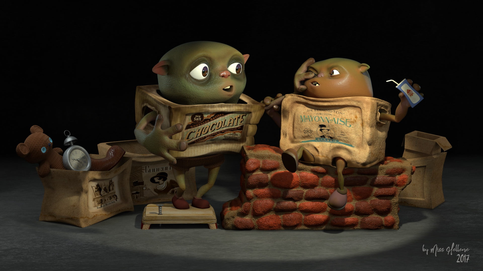 art, bear, box, watch, alarm clock, 1080P, toy, Boxtrolls interpretation, Hellene Sau, HD Wallpaper