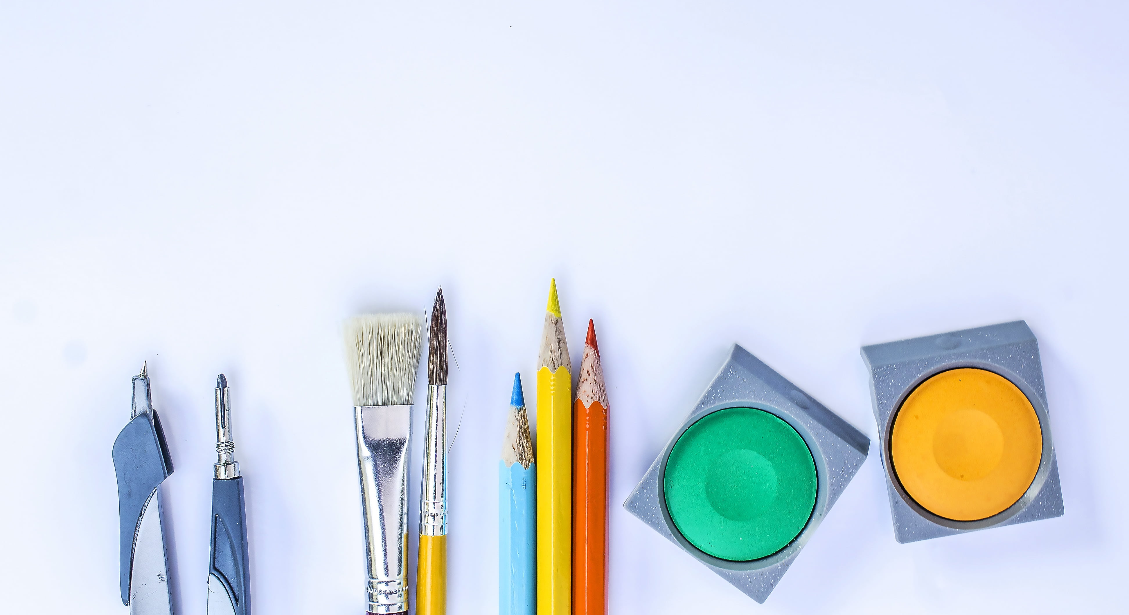 creativity, art and craft equipment, education, variation, white background, brush, materials, colors, pencil, group of objects, assorted, blue, indoors, HD Wallpaper