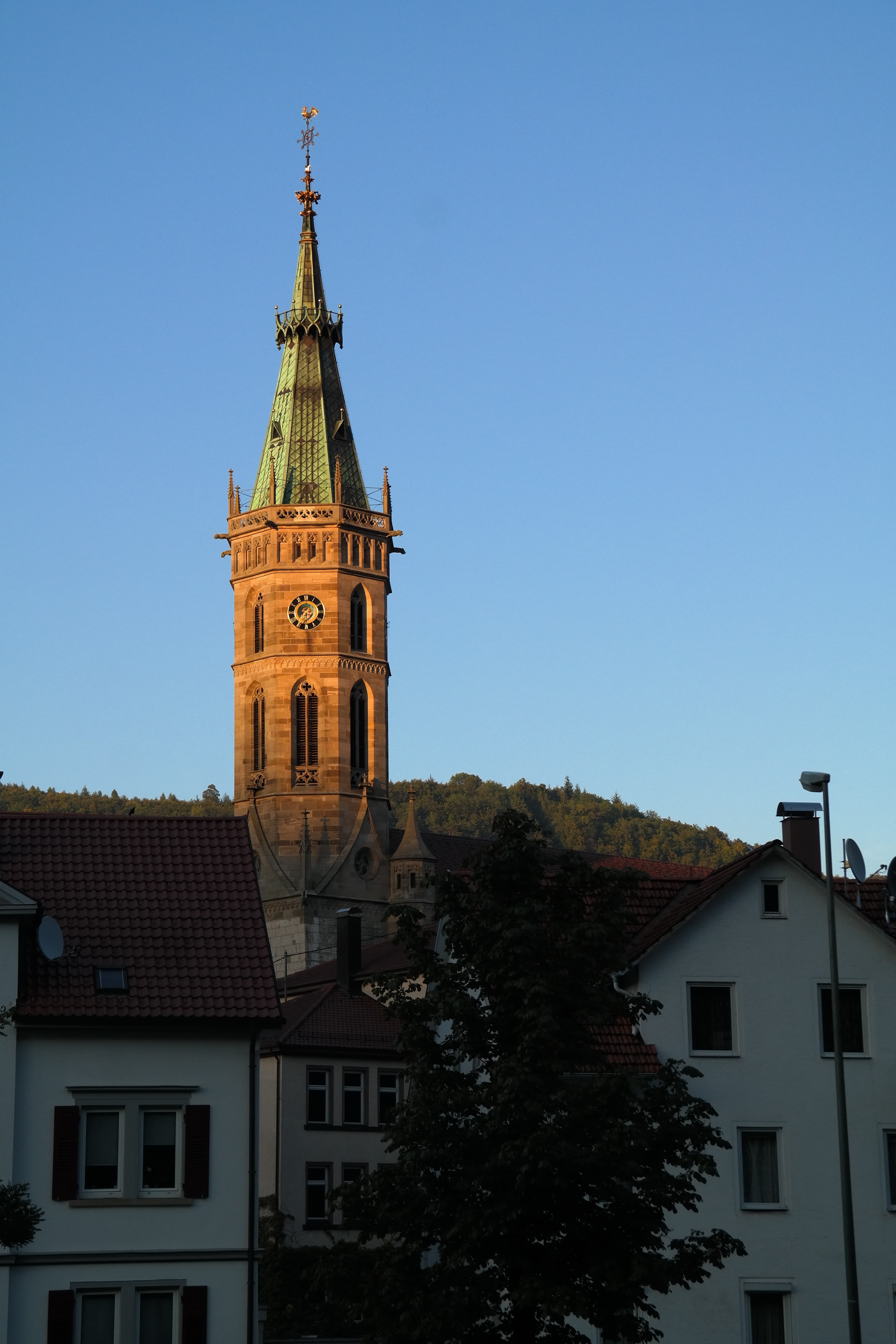 sun, blue, religion, clear sky, steeple, Church, plant, building Exterior, Steeple, collegiate church of st amandus, outdoors, 5K, place of worship, house, Phone HD Wallpaper