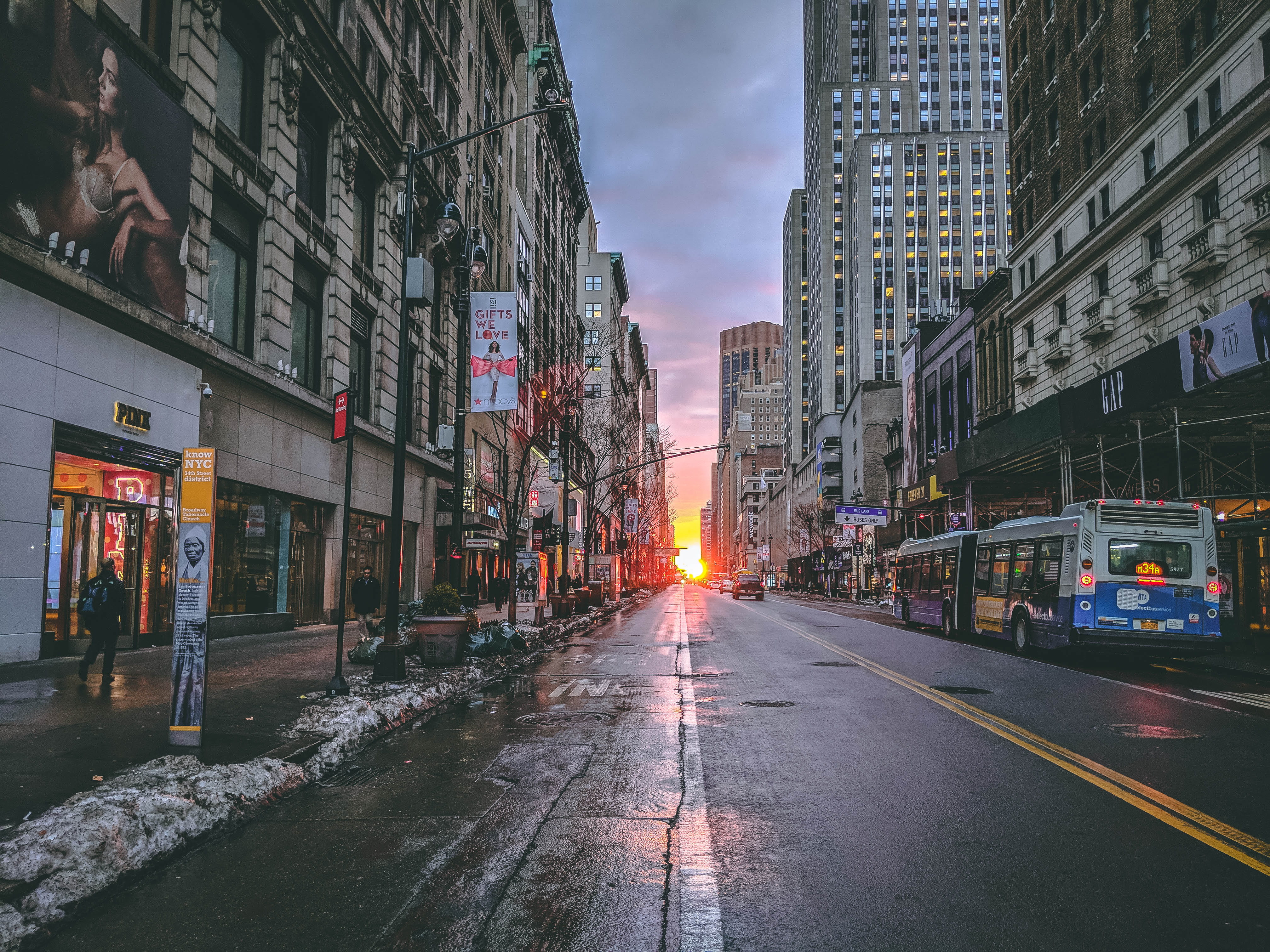 sunset, road, the way forward, new, city, built structure, outdoors, city street, blue, office building exterior, bus, transportation, building, 4K, commuter, HD Wallpaper