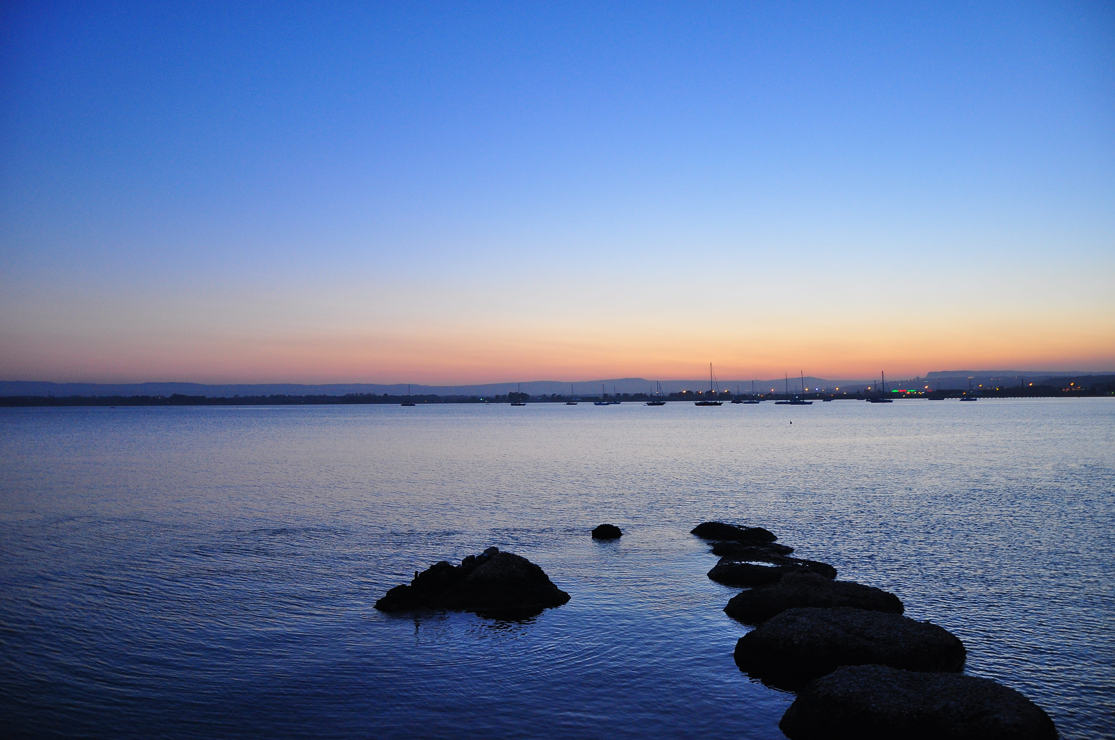 ortigia, blue, nature, sky, solid, water, dusk, rock - object, tranquility, sea, no people, beach, outdoors, stones, sicily, copy space, idyllic, land, HD Wallpaper