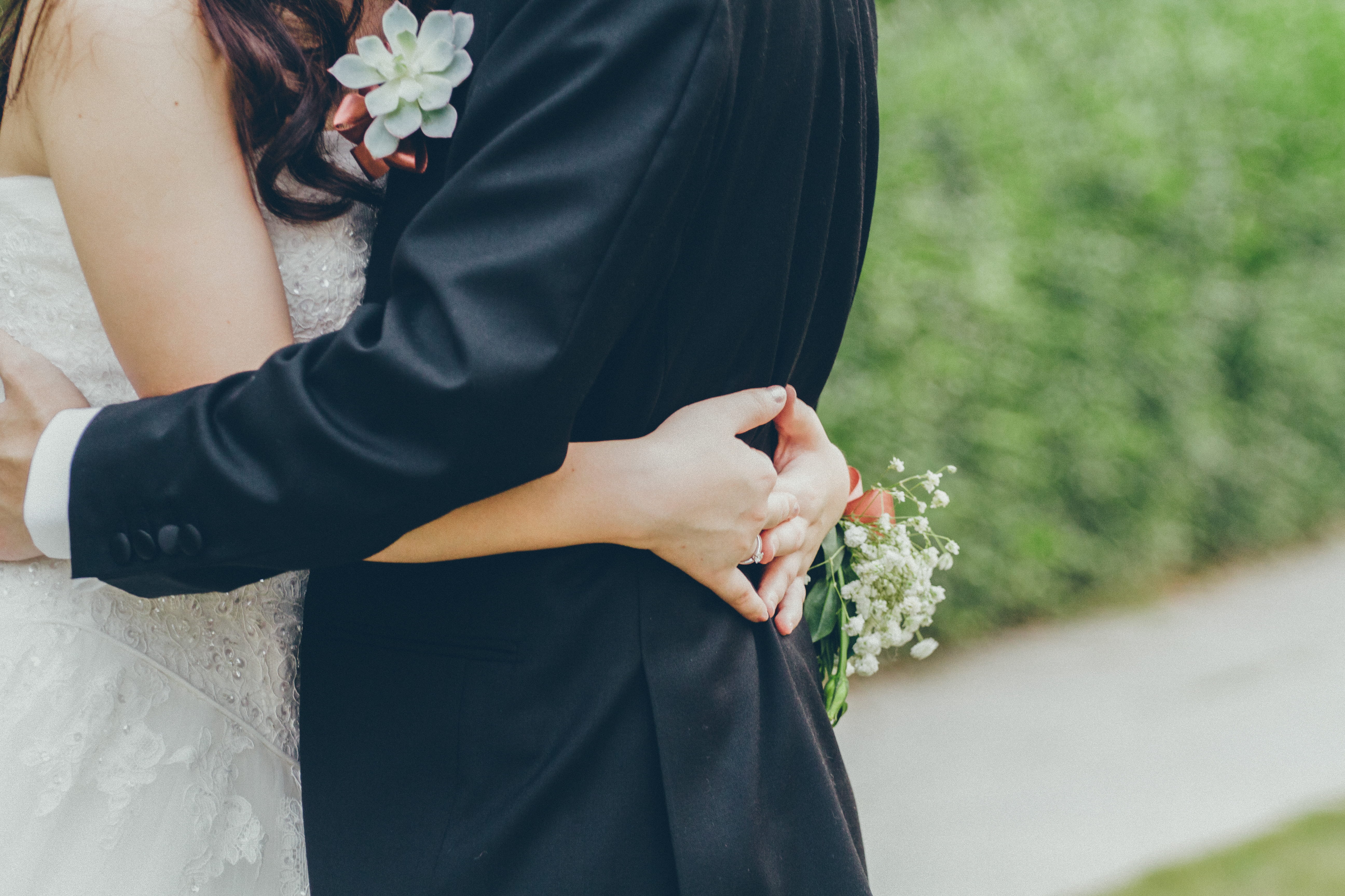 standing, bride, flower, love, bouquet, groom, life events, couple - relationship, focus, groomhugging, women, romance, photo, one person, blur, hugging, HD Wallpaper