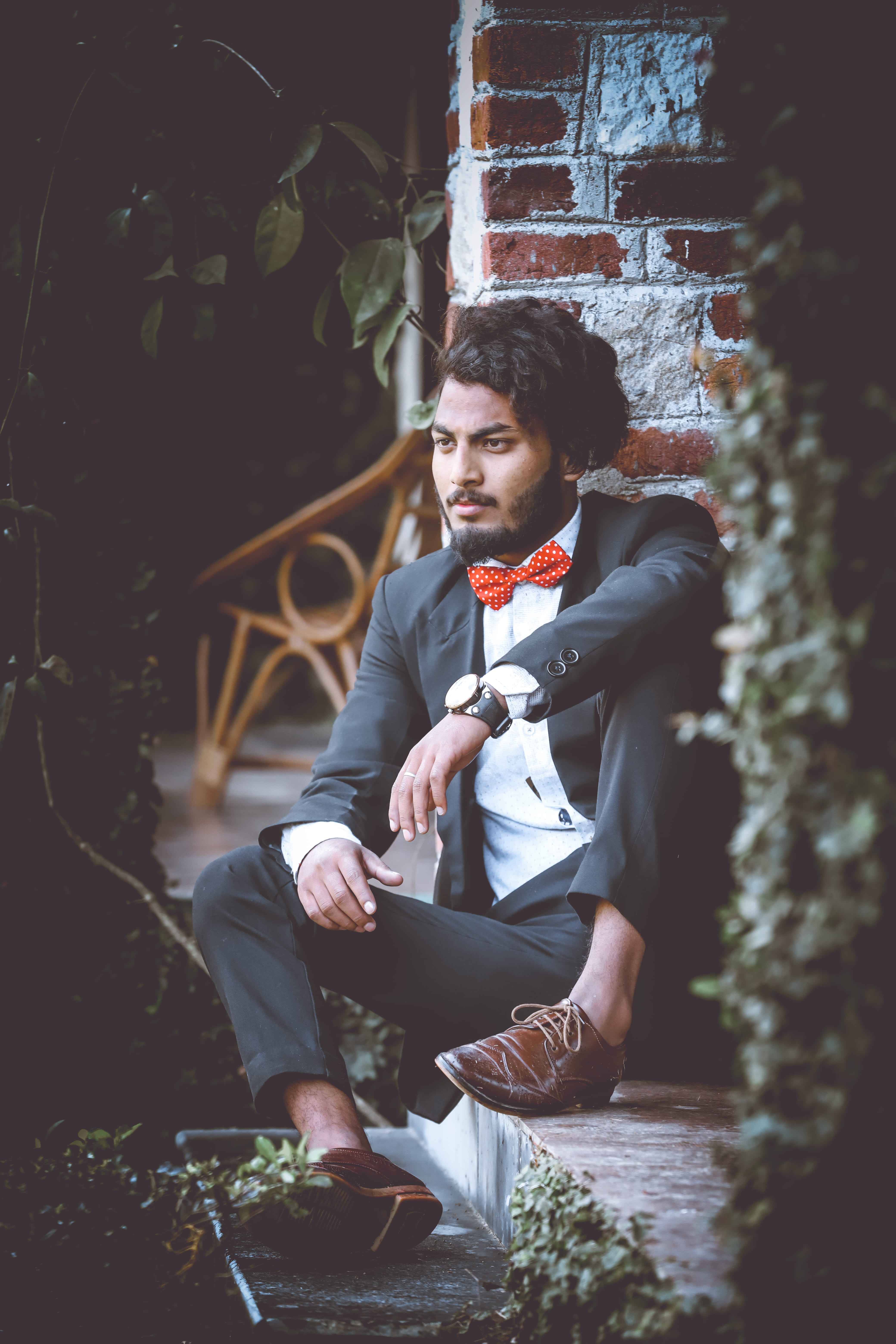plants, pants, young men, formalwear, contemplation, black, lifestyles, young adult, well-dressed, jacket, close-up, pose, position, bow tie, front view, Phone HD Wallpaper
