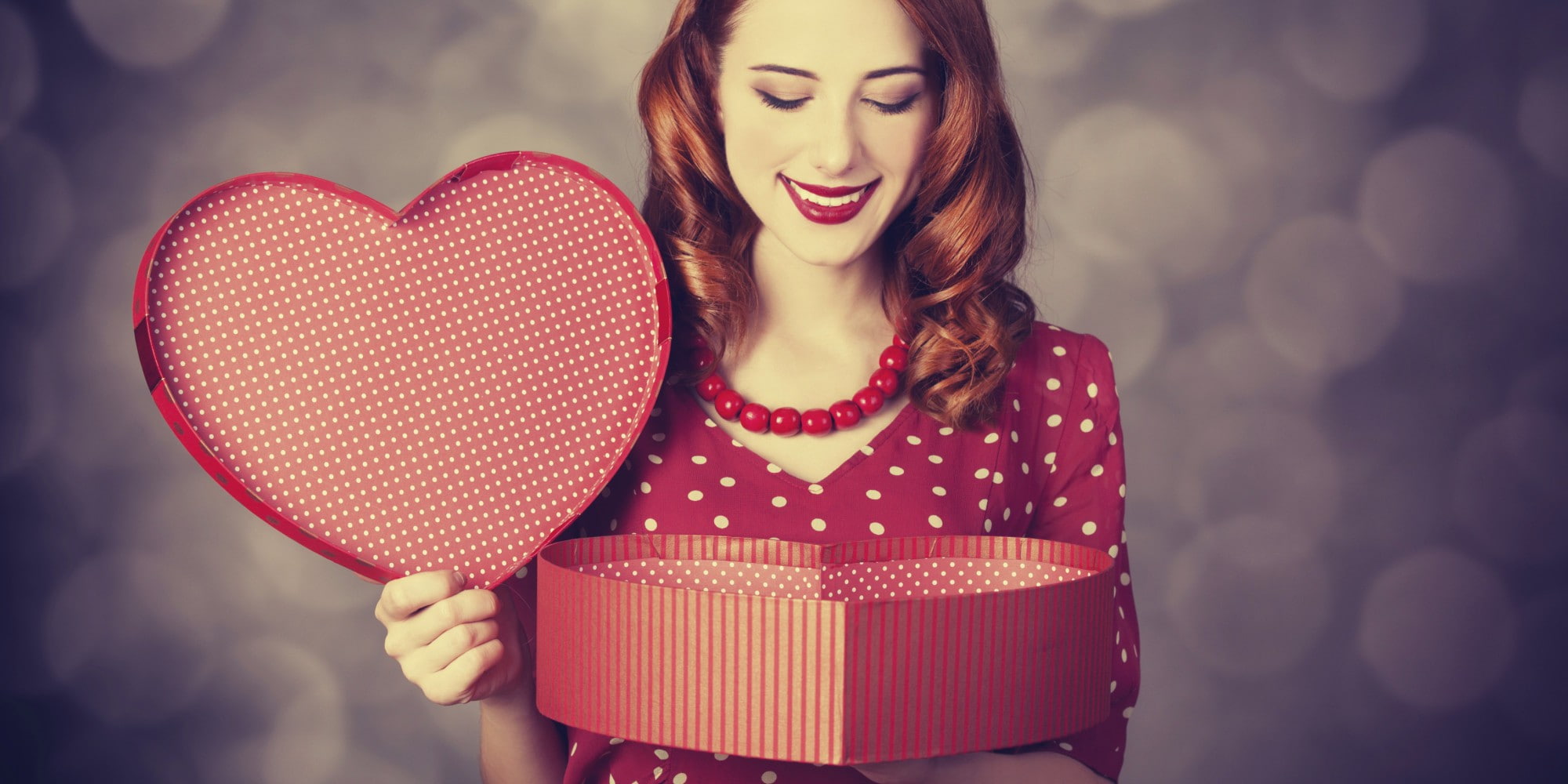 front view, long hair, positive emotion, beautiful woman, polka dots, holding, valentines day - holiday, young adult, box - container, hairstyle, emotion, HD Wallpaper