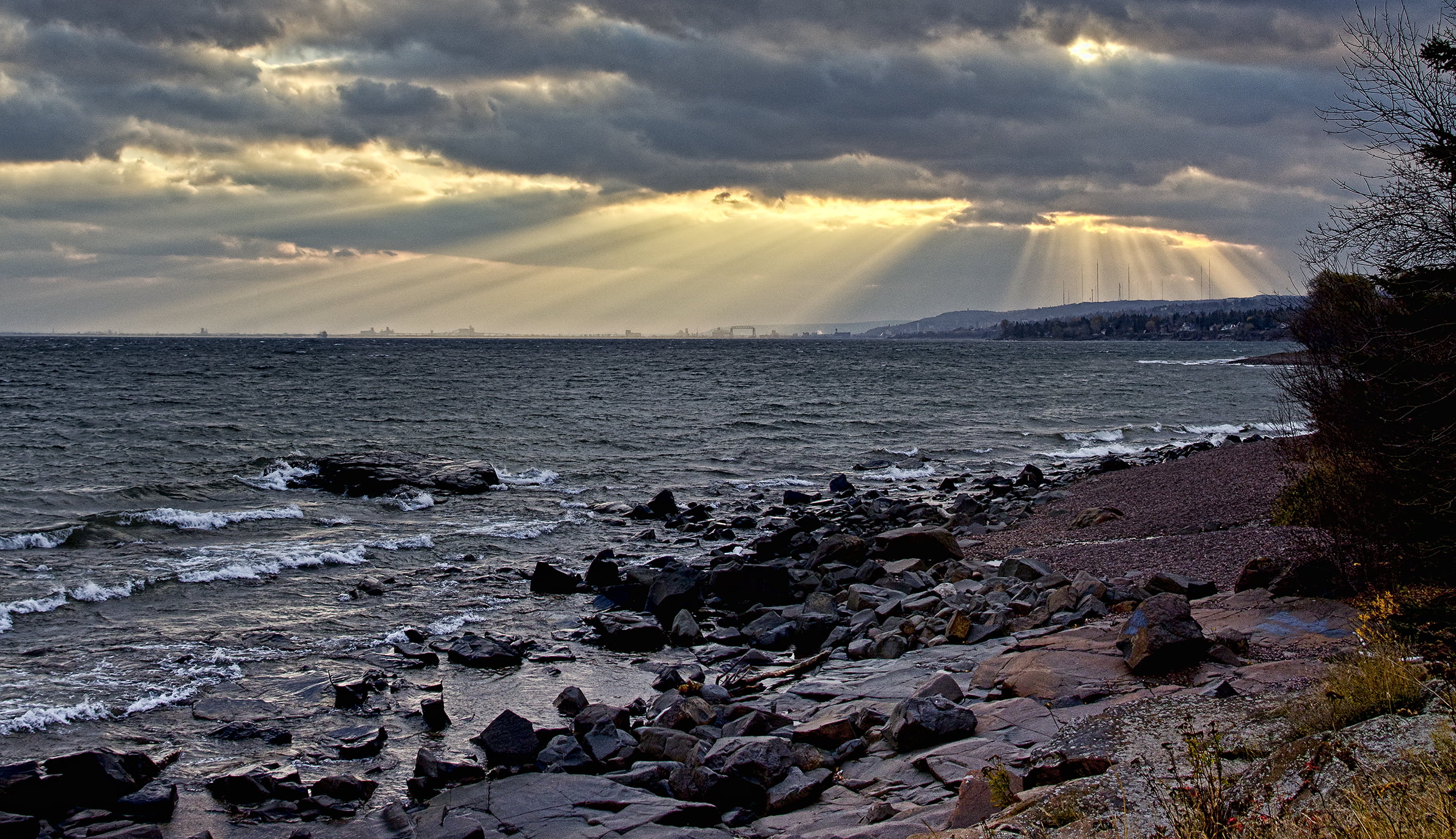 coastline, Port, sky, nature, weather, water  waves, seashore, rocks, duluth mn, beach, duluth, great lake, 1080P, filled, Sunset, sea, landscape, cloudy, HD Wallpaper