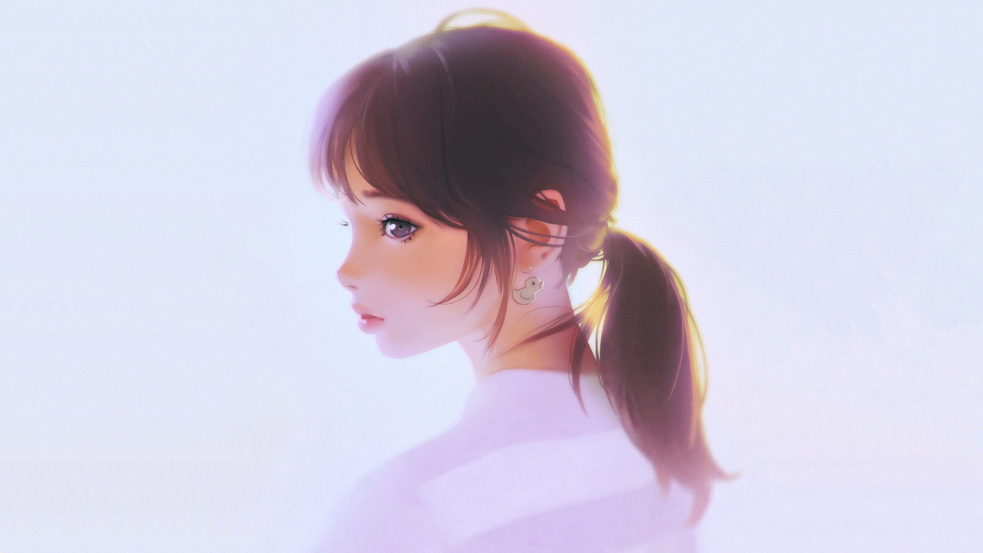 contemplation, anime, white, lens flare, 1080P, blue eyes, standing, side view, indoors, beauty, one person, young adult, adult, looking at camera, beautiful woman, HD Wallpaper