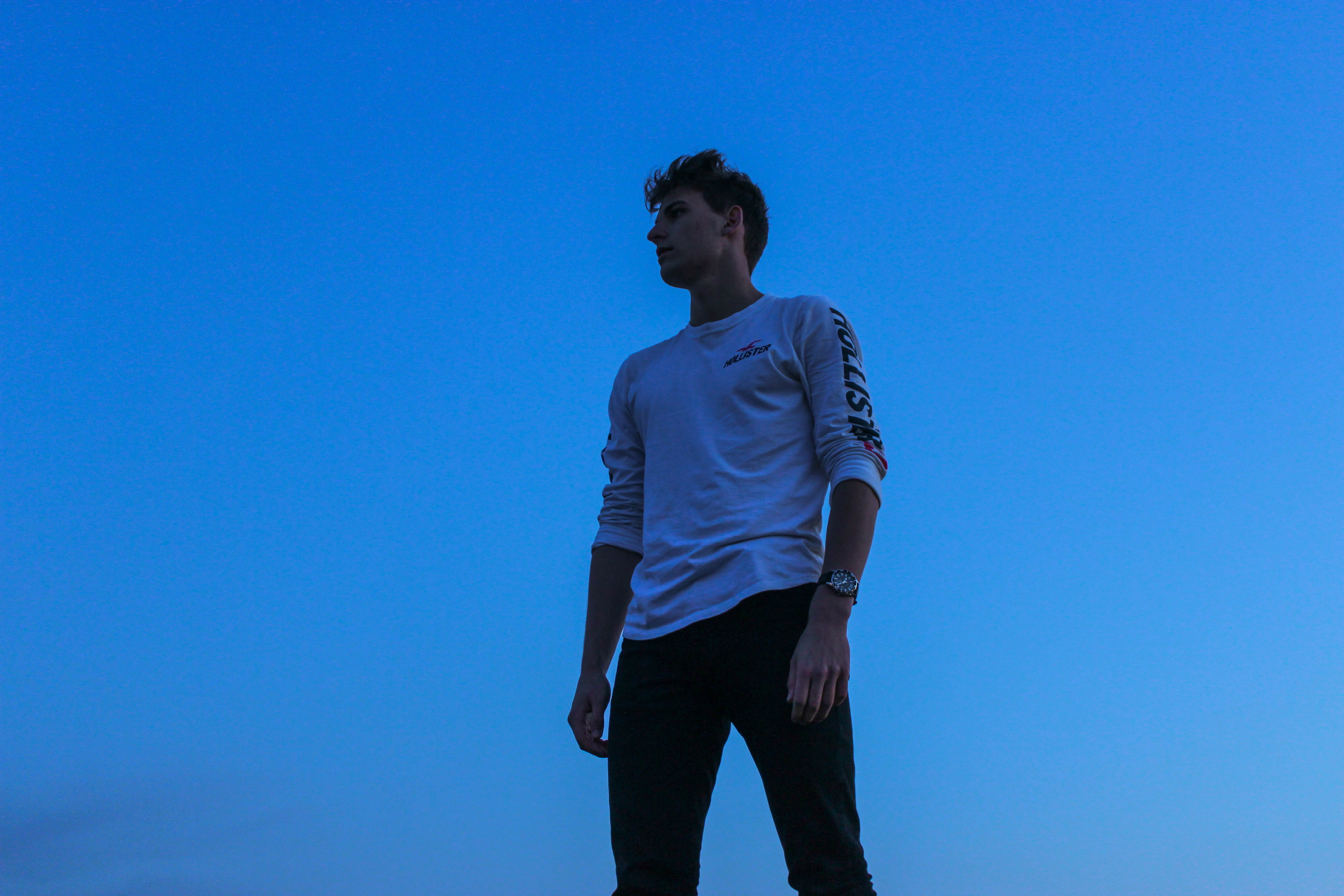 three quarter length, portrait, sunglasses, silhouette, white, colored background, day, teenager, men, profile view, t-shirt, nature, 5K, person, apparel, HD Wallpaper