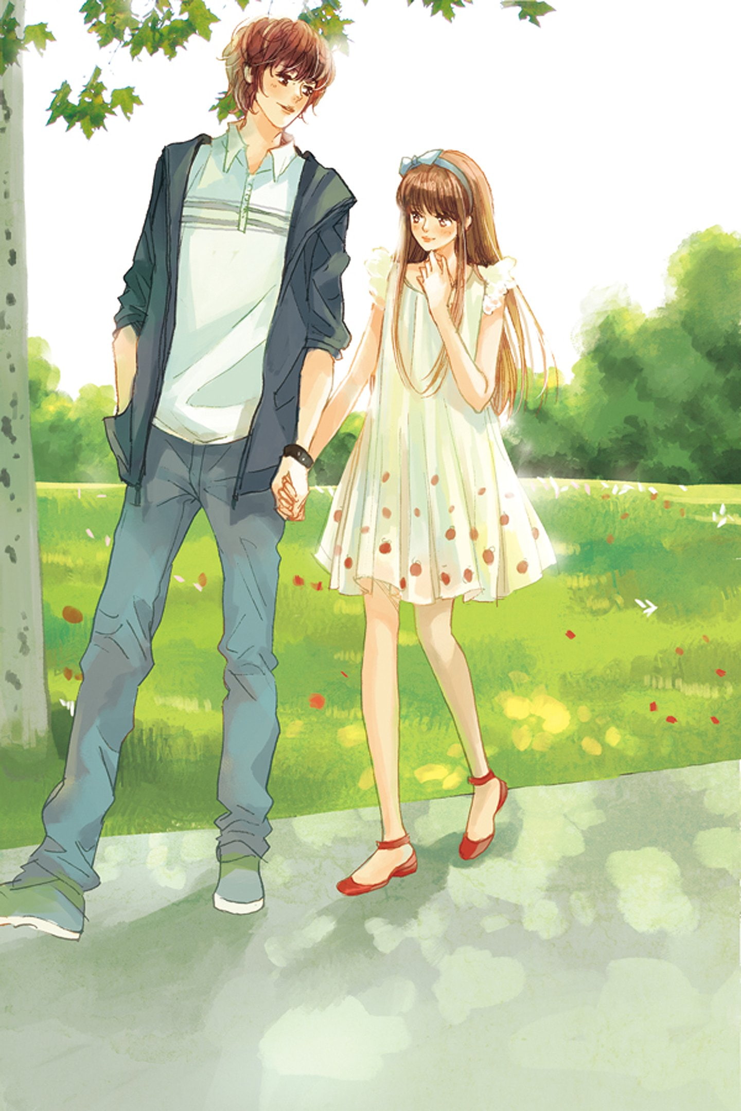 tree, girl, shoes, couple, pretty, 1080P, summer, white, boy, red, dress, anime, love, Phone HD Wallpaper