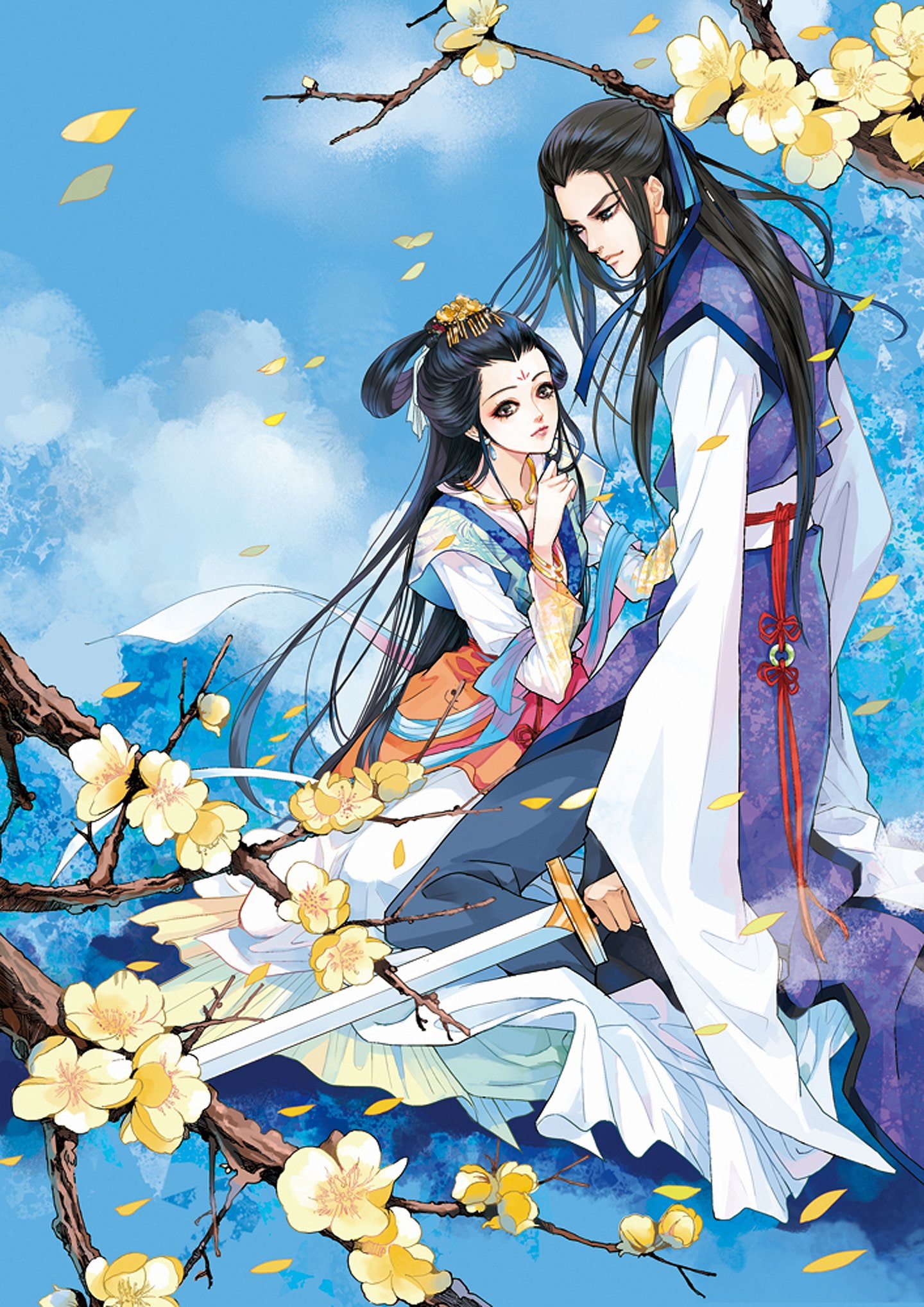 couple, boy, girl, sword, cute, flower, 1080P, yellow, pretty, kimono, long, hair, love, Phone HD Wallpaper
