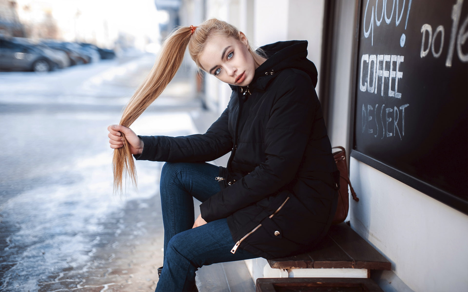 hairstyle, pants, ponytail, leather, architecture, focus on foreground, young women, beautiful woman, jeans, women outdoors, lifestyles, blonde, one person, HD Wallpaper