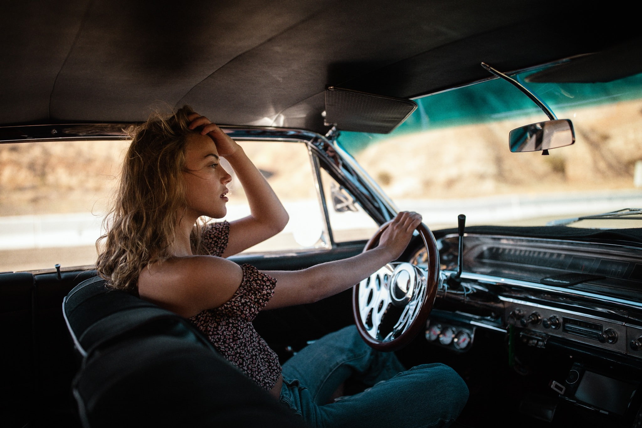 women, hands on head, blonde, women with cars, Jesse Herzog, looking away, pants, sitting, 1080P, jeans, HD Wallpaper