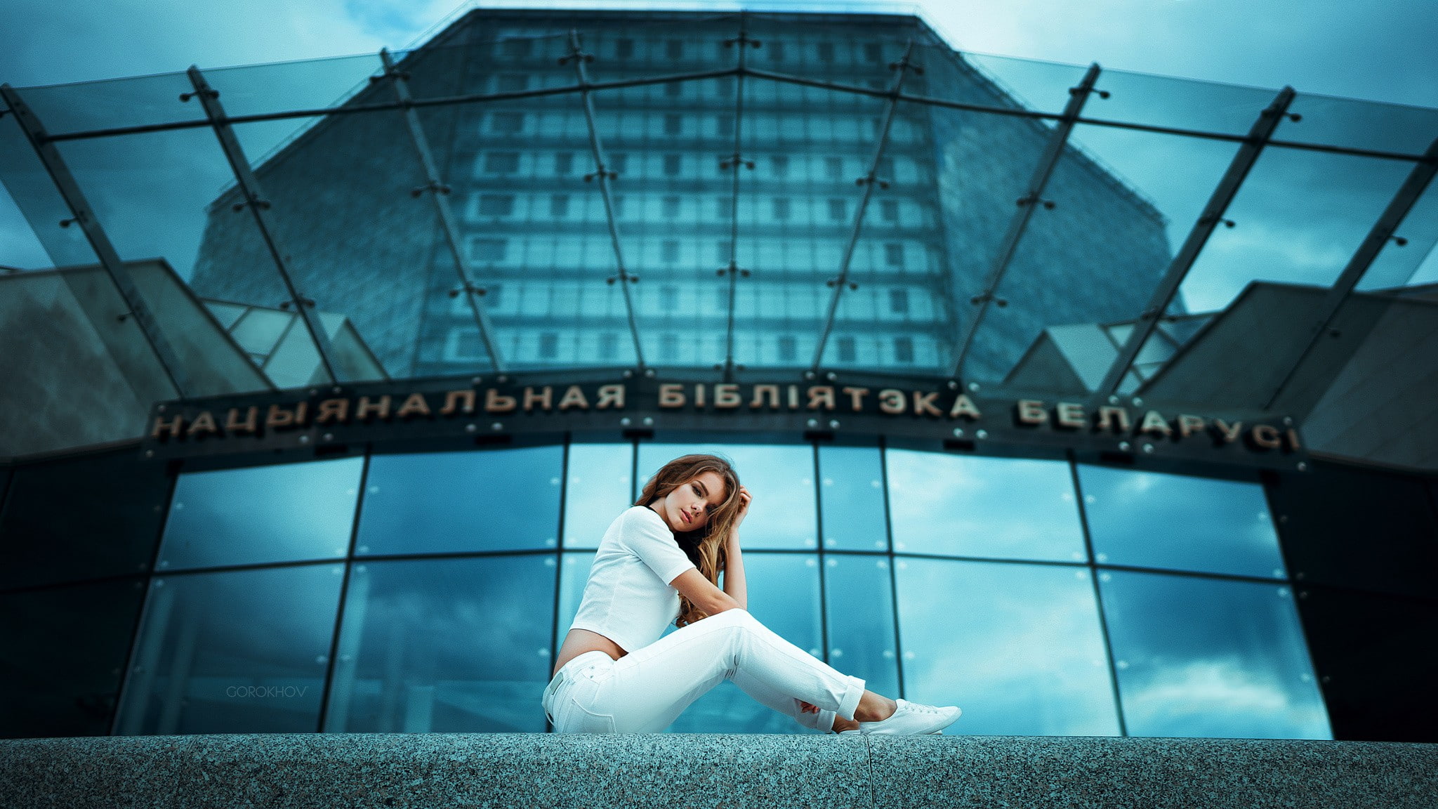 portrait, jeans, women, hands on head, Ivan Gorokhov, shoes, 1080P, pants, sitting, blonde, HD Wallpaper