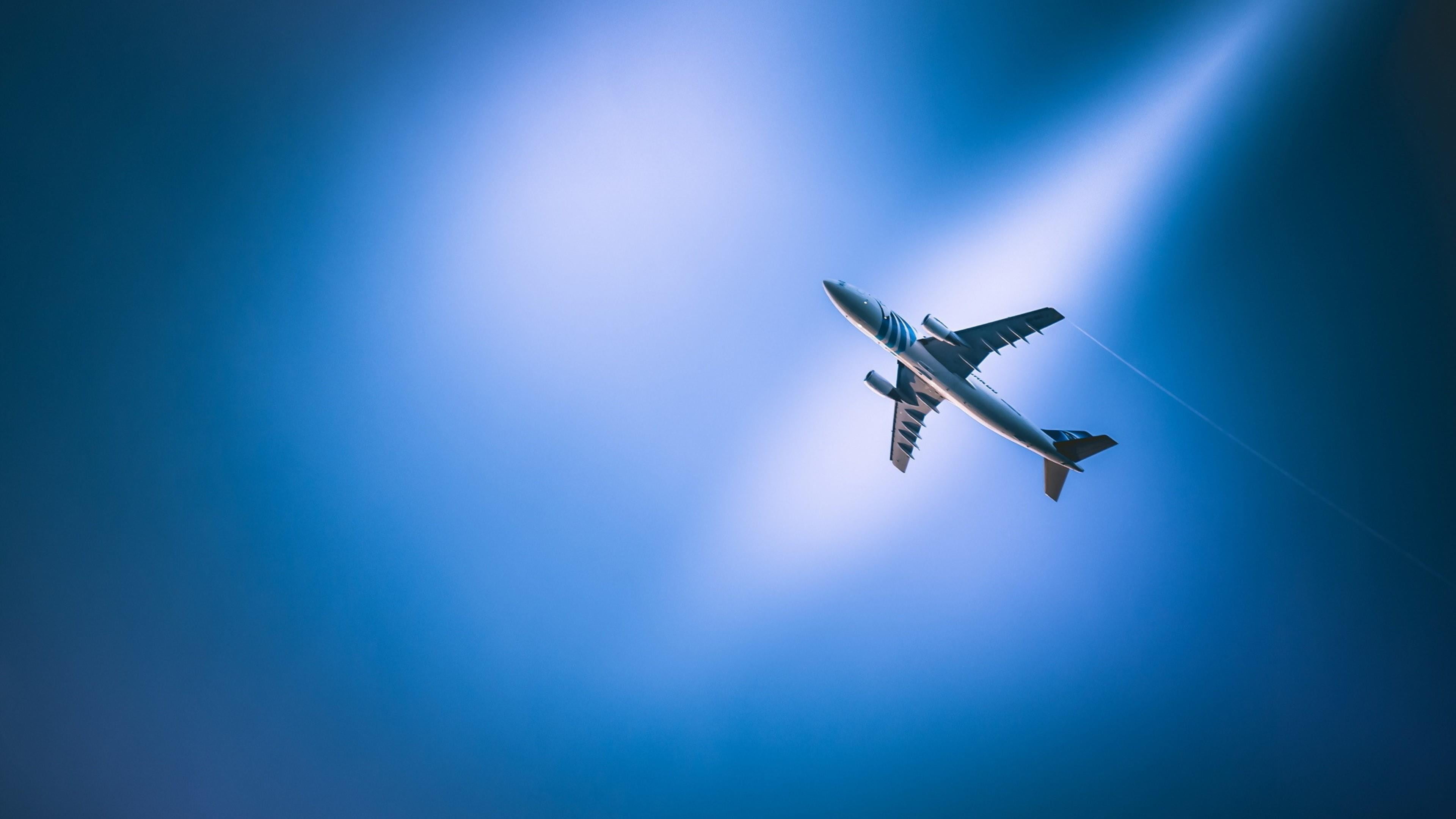 air vehicle, flying, stage, no people, smoke - physical structure, sunbeam, transportation, nightlife, blue background, mode of transportation, spotlight, HD Wallpaper