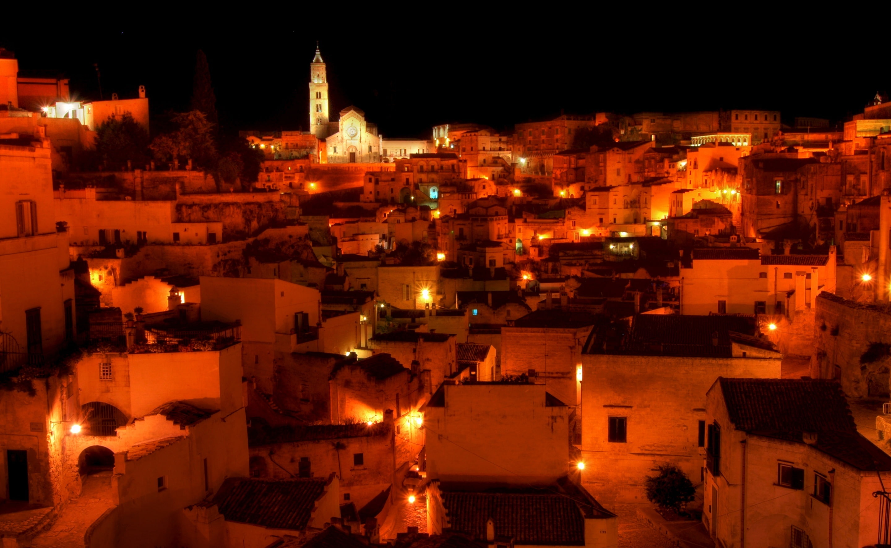 built structure, no people, Buildings, 2K, town, city, Matera, residential district, building, travel, Europe, Night, roof, cityscape, Shot, community, HD Wallpaper