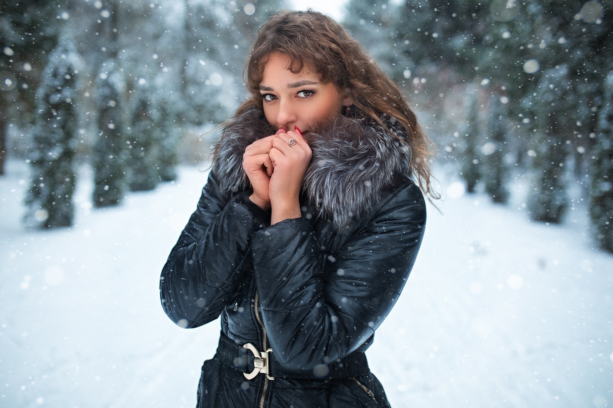 brunette, snow, 1080P, women outdoors, brown eyes, Dmitry Shulgin, black coat, cold, coats, women, winter, HD Wallpaper