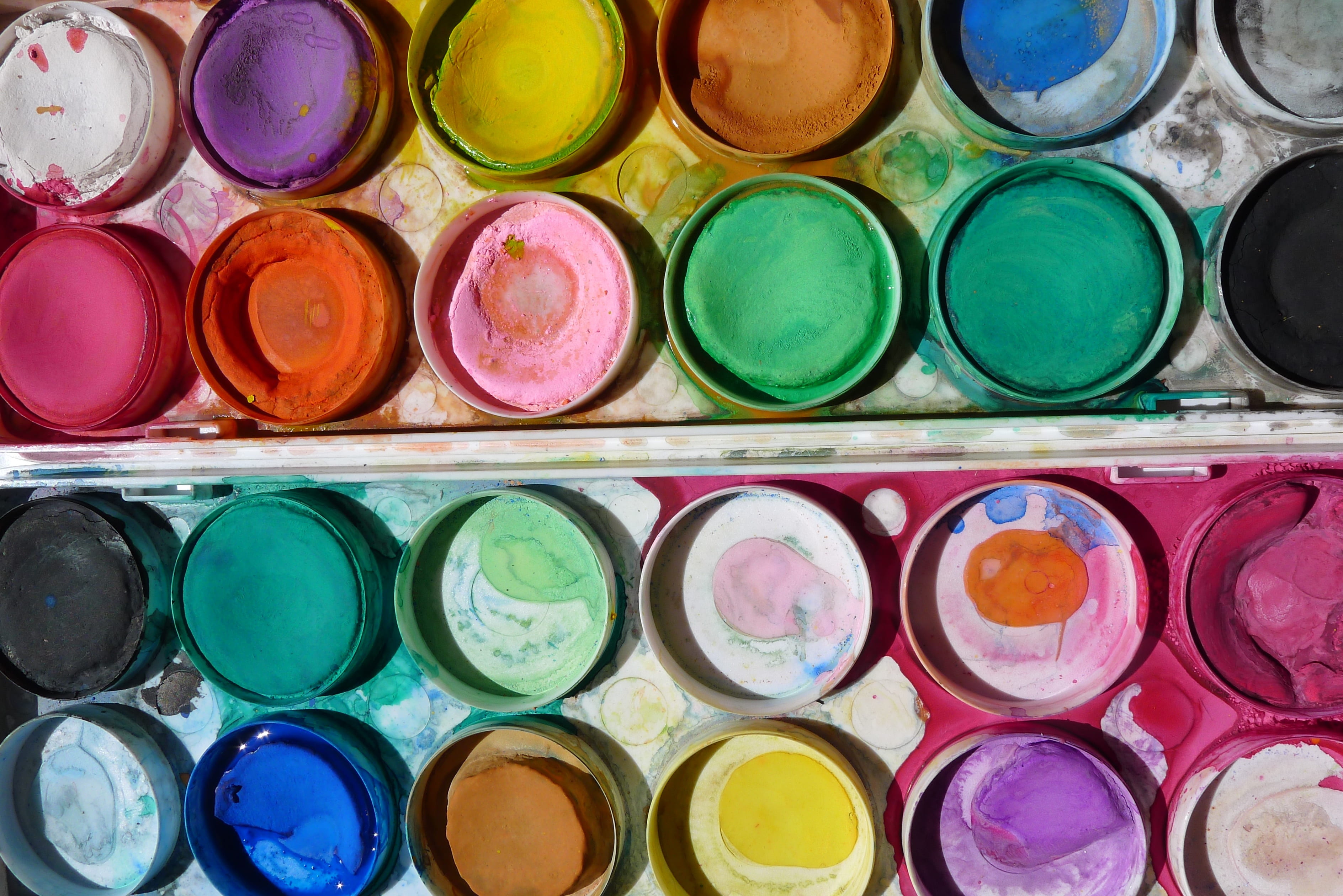 watercolor, multi colored, variation, paints, create, close-up, school kids, paintbox, no people, container, choice, art and craft, art, in a row, 2K, HD Wallpaper