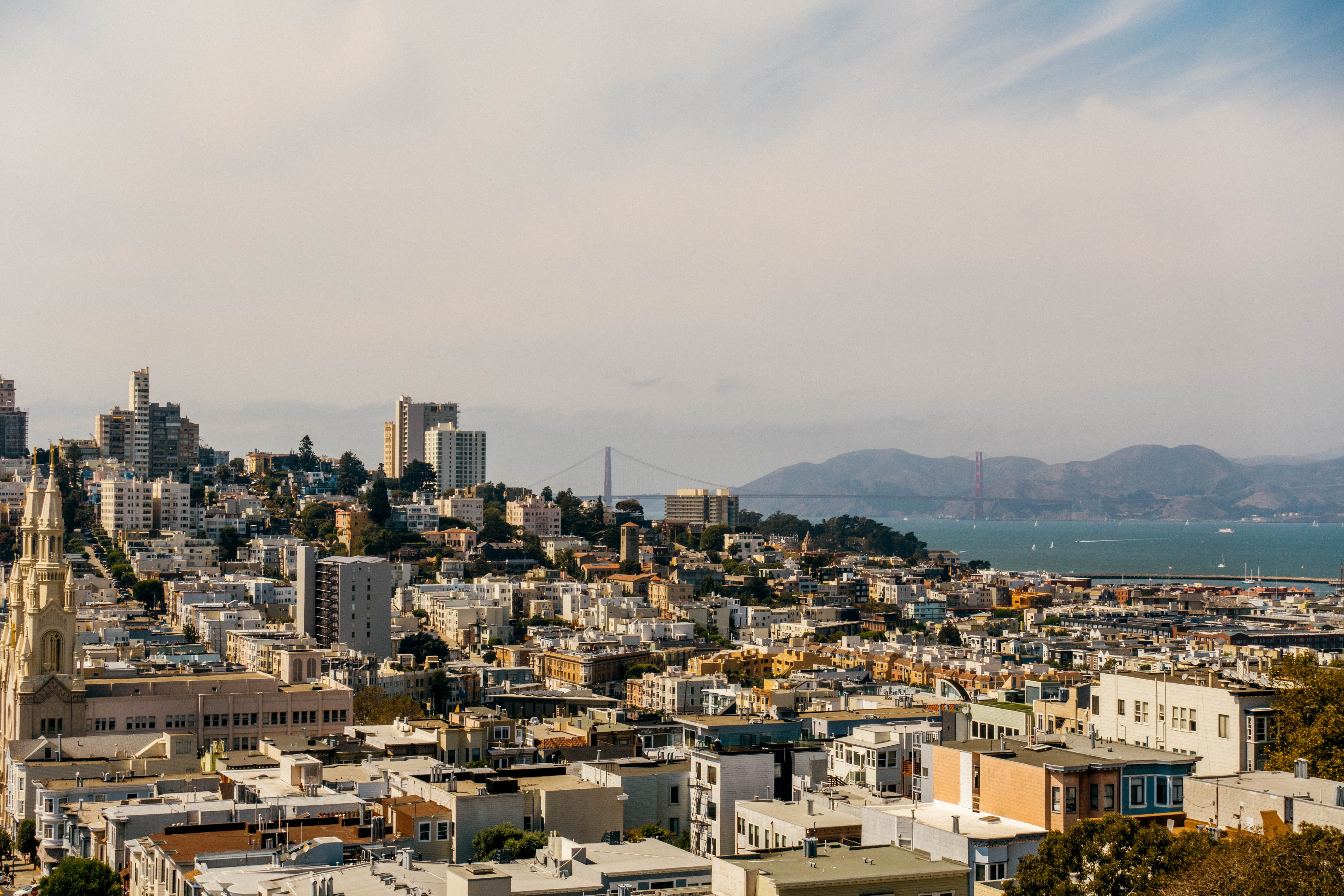 photography, built structure, bay, mountain, san francisco, usa, nature, high angle view, city, landscapes, golden gate bridge, sky, overview, residential district, HD Wallpaper