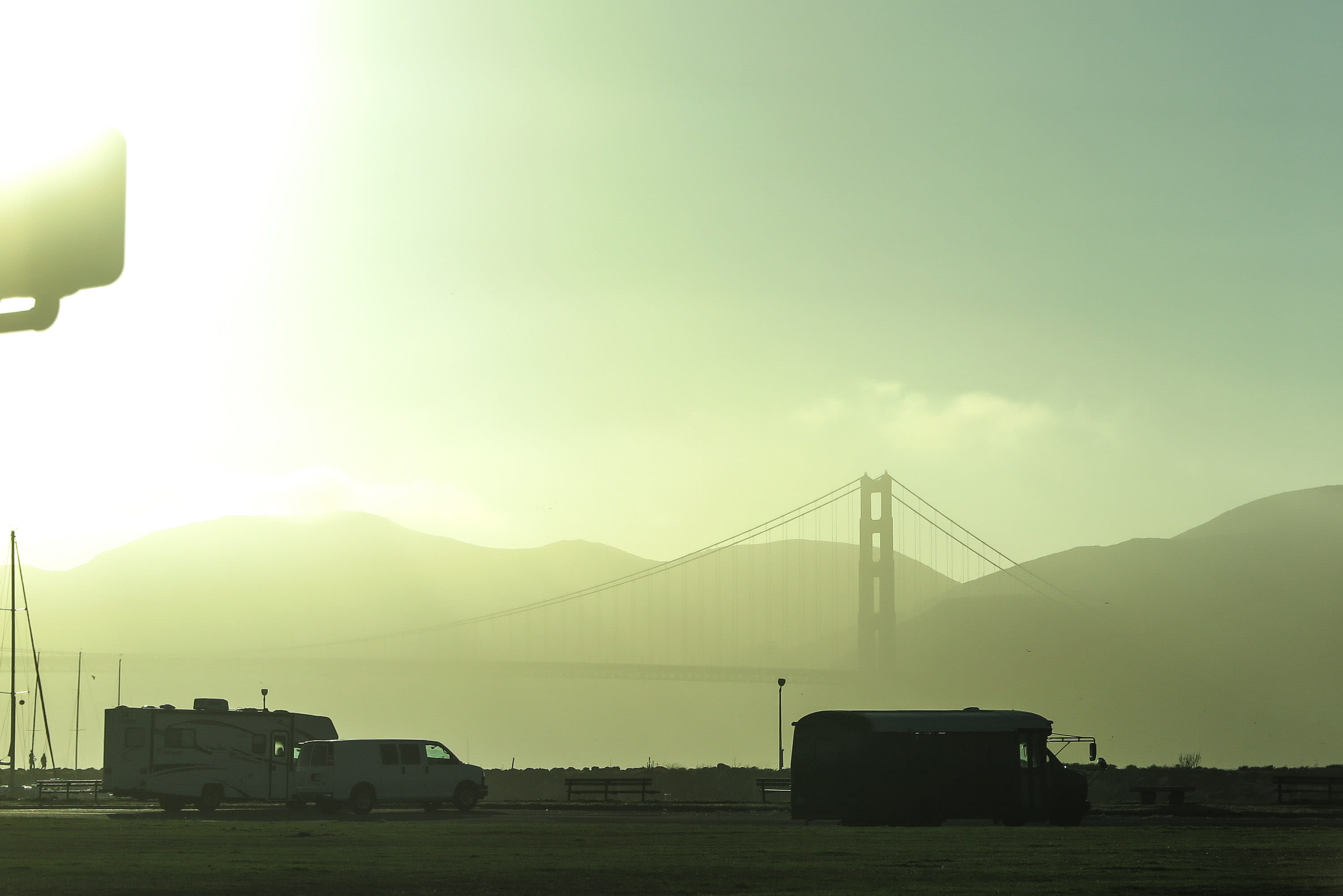 outdoors, parking, mountain range, car, mountain, travel, california, fog, sky, road, united states, parking lot, gate, truck, motor vehicle, connection, HD Wallpaper