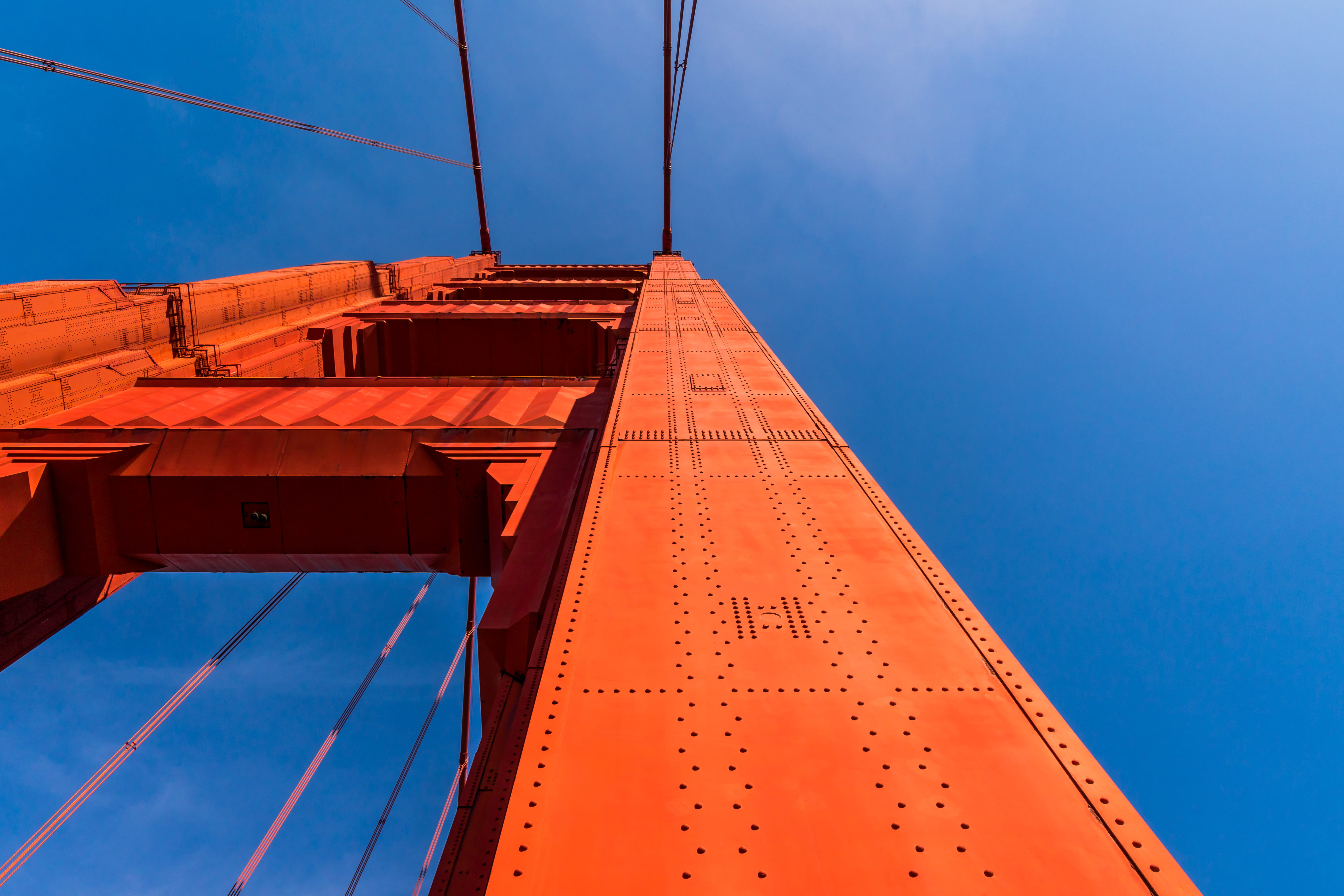 transportation, san francisco, built structure, architecture, suspension bridge, connection, sky, red, directly below, clear sky, city, cable, united states, HD Wallpaper