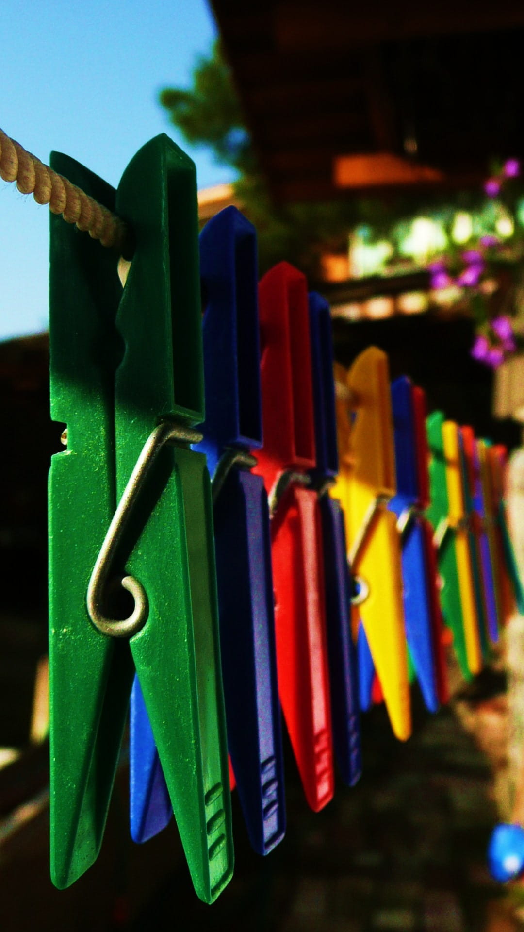 clothespins, 1080P, hanging, built structure, belief, peg, focus on foreground, religion, spirituality, rope, in a row, metal, clothesline, colored, Row, Phone HD Wallpaper