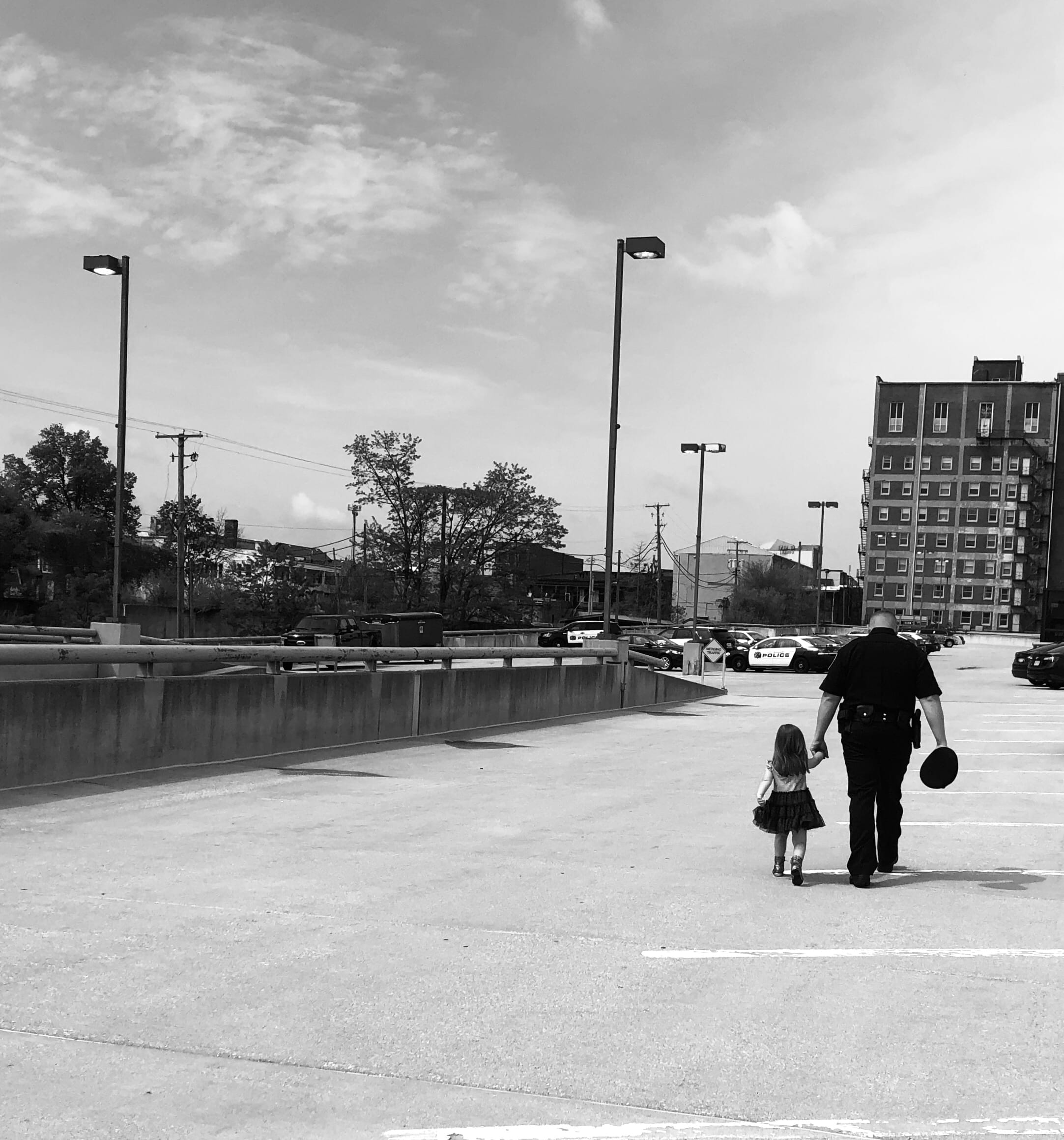 men, outdoors, cop car, day, nature, child, holding hands, women, family, building exterior, built structure, architecture, full length, father, daughter, Phone HD Wallpaper
