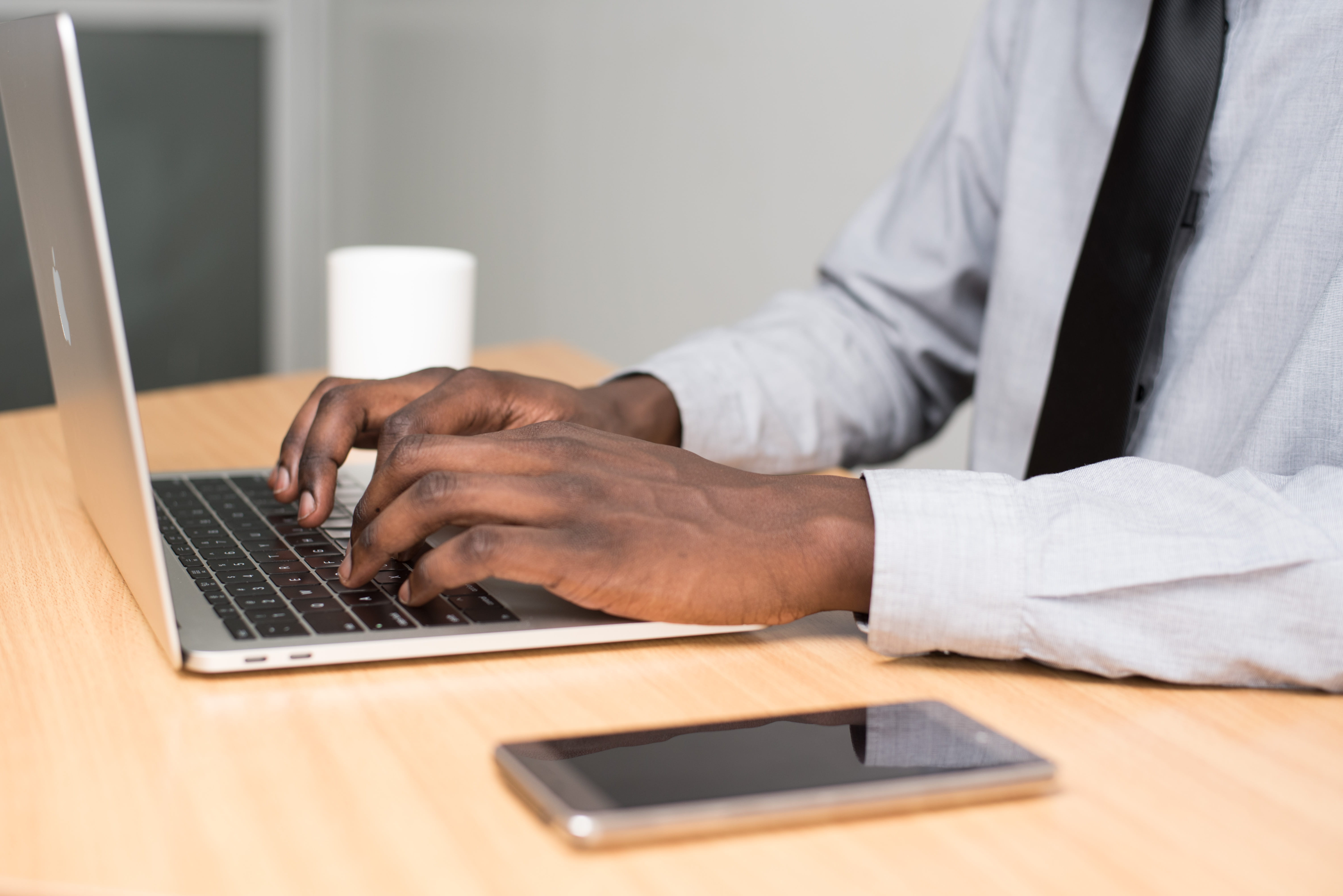 indoors, air, laptop, screen, computer, beige, working space, black, table, hands, macbook, businessman, necktie, one person, portable, men, 5K, smartphone, HD Wallpaper