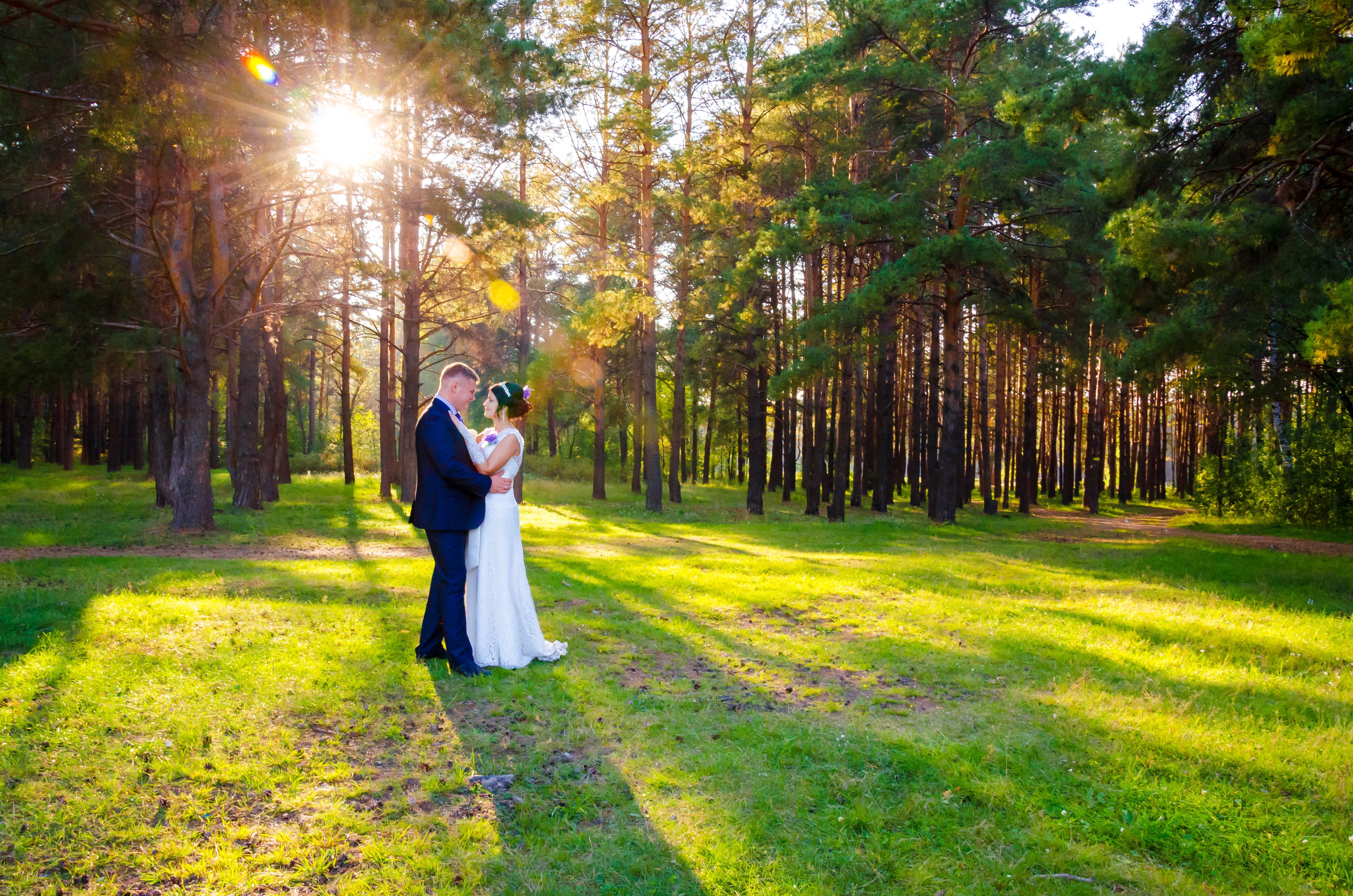 green, photograph, lens flare, young women, happiness, women, lifestyles, beauty in nature, bride, day, tree, wedding, love, nature, the groom, trees, full length, HD Wallpaper