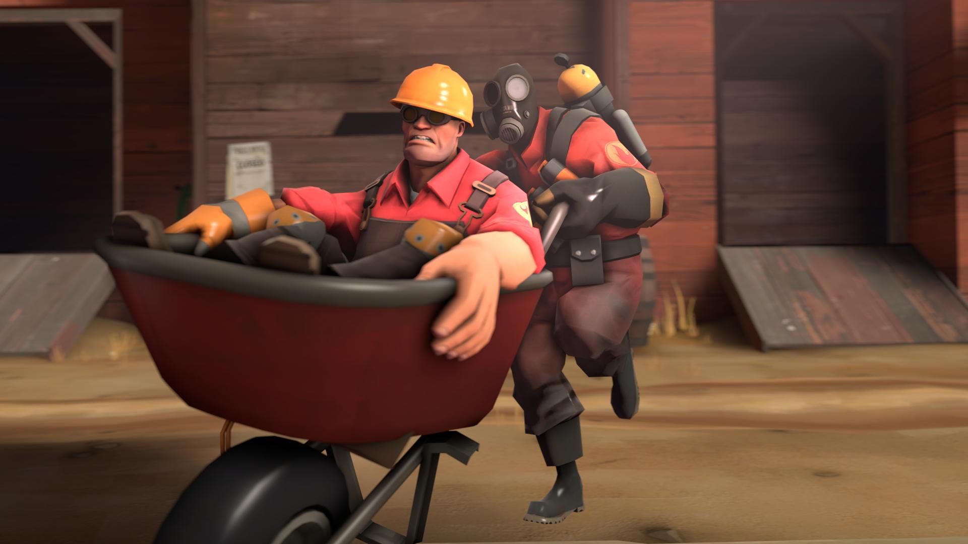 red, decor, barrow, riding, table, shirt, fortress, video games, wheel, man, wheelbarrow, hd, 1080P, team, HD Wallpaper