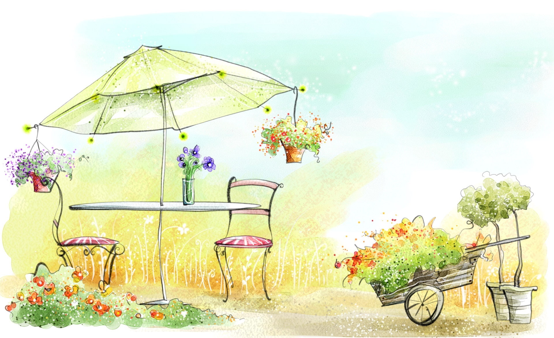 absence, parasol, no people, sunlight, 1080P, green color, art, table, flowering plant, bouquet, plant, d, Artistic, Digital, mode of transportation, nature, HD Wallpaper